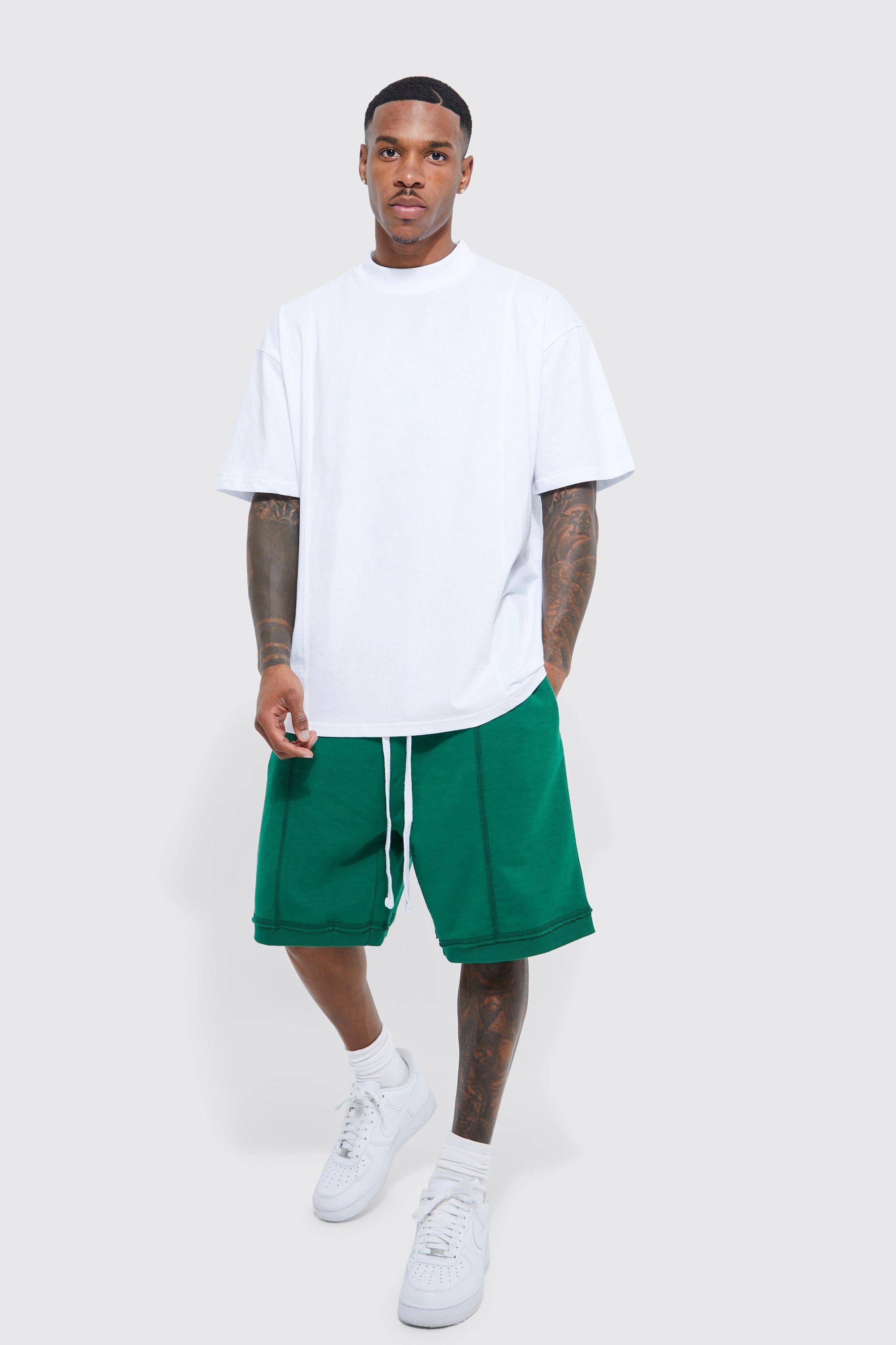 Mens Green Oversized T-shirt & Dropped Crotch Short Set, Green