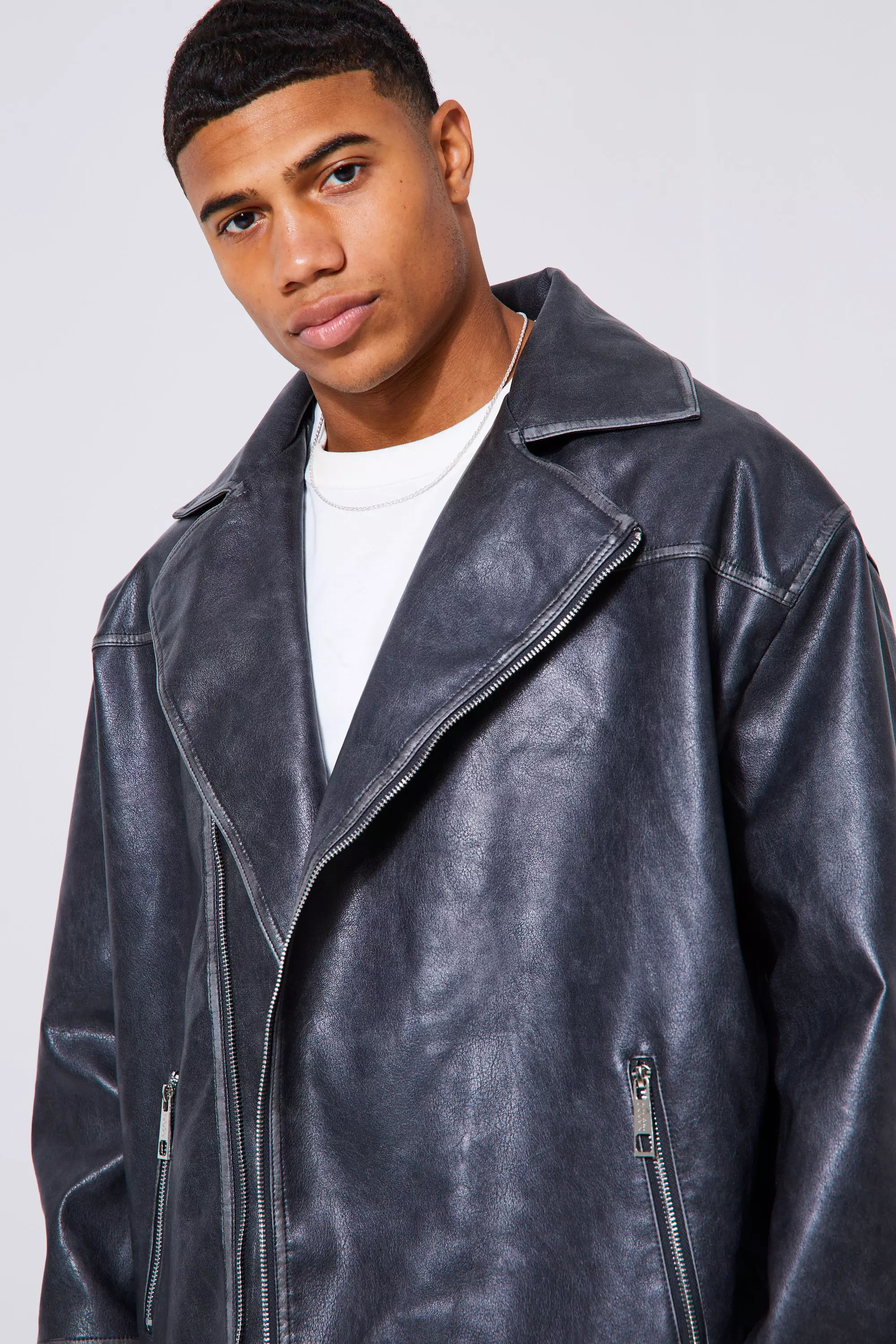 Oversized Vintage Pu Biker Jacket | boohooMAN USA