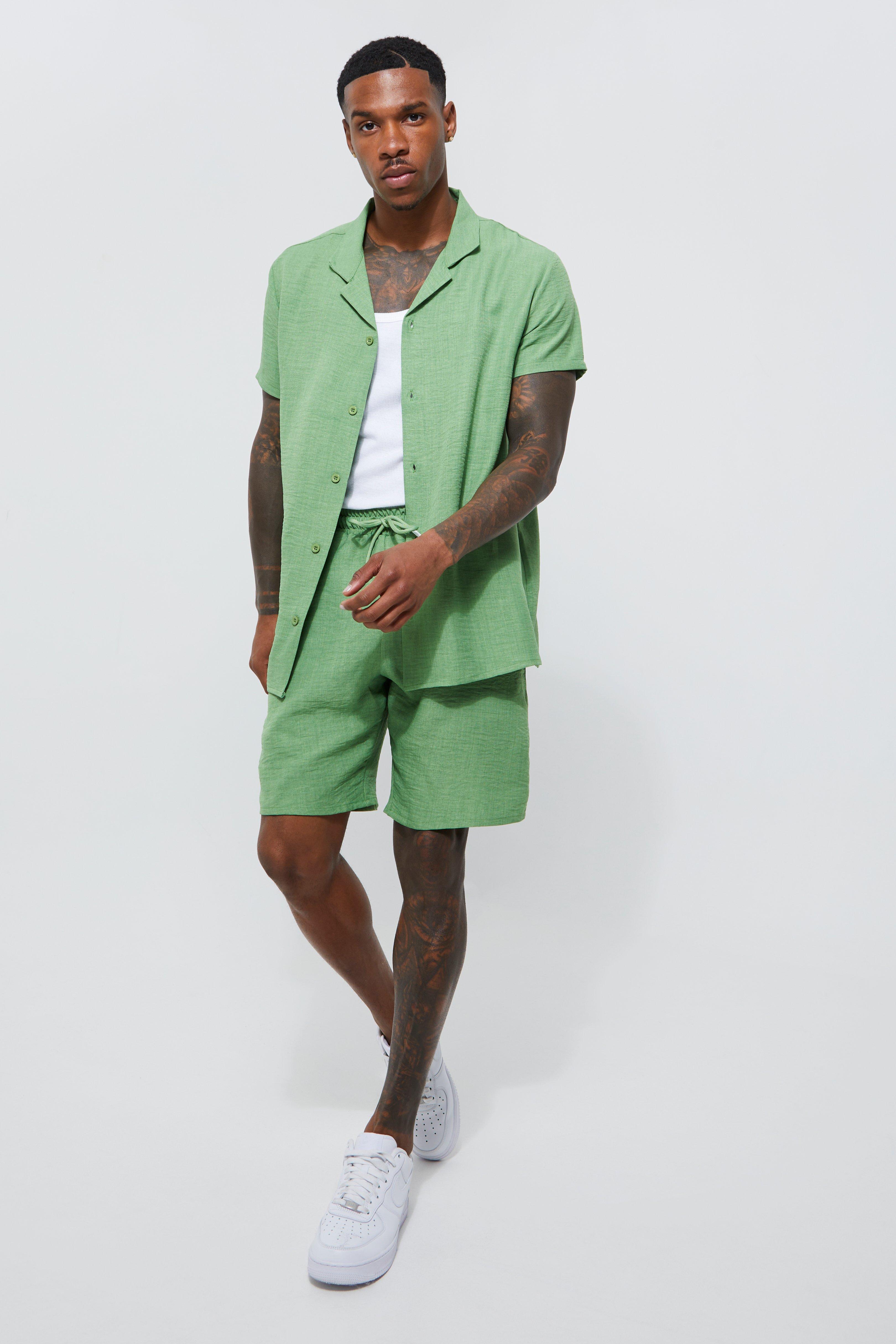 mens green short sleeve revere linen shirt and short, green