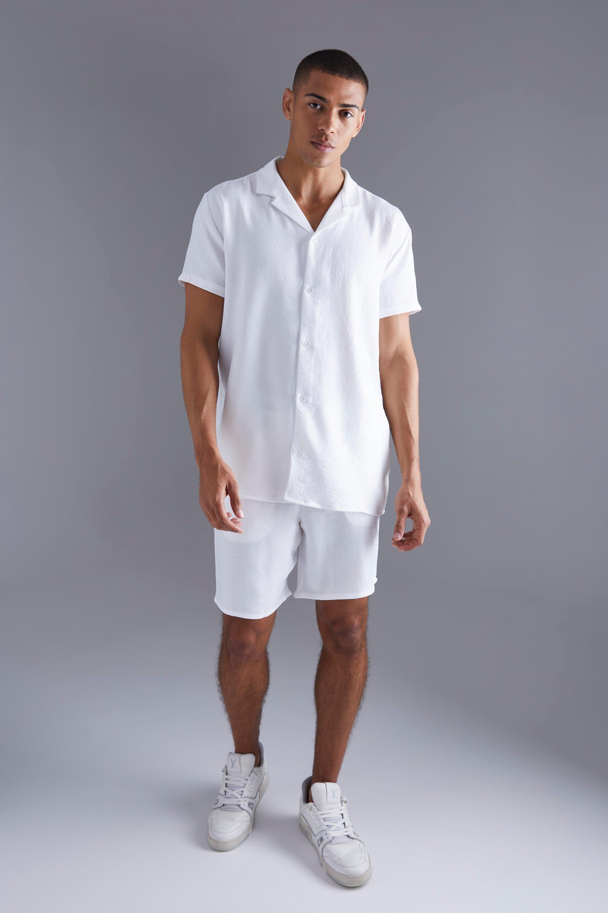 Mens White Short Sleeve Oversized Linen Revere Shirt And Short, White