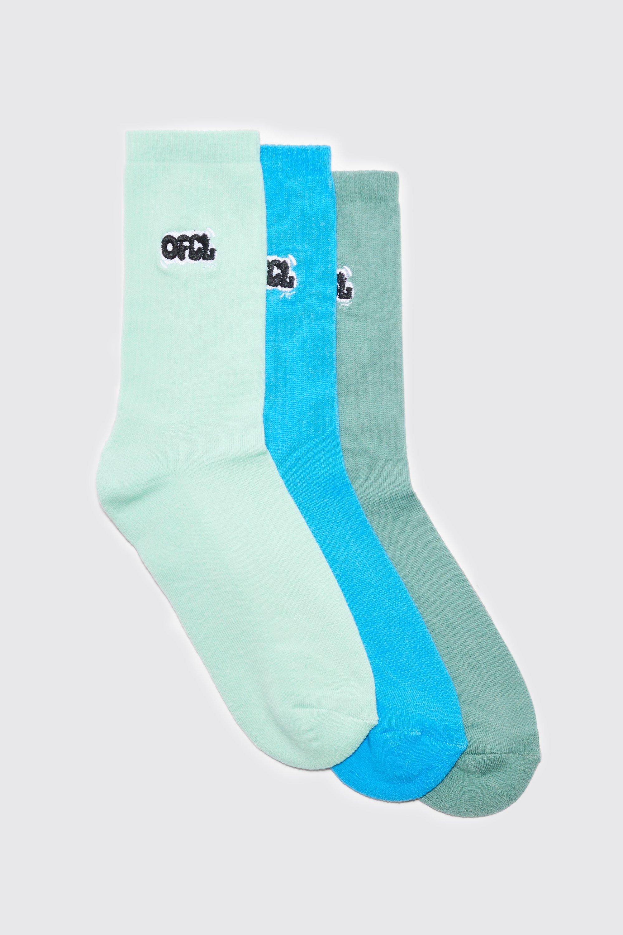 Mens Blue 3 Pack Ofcl Embroidered Socks, Blue