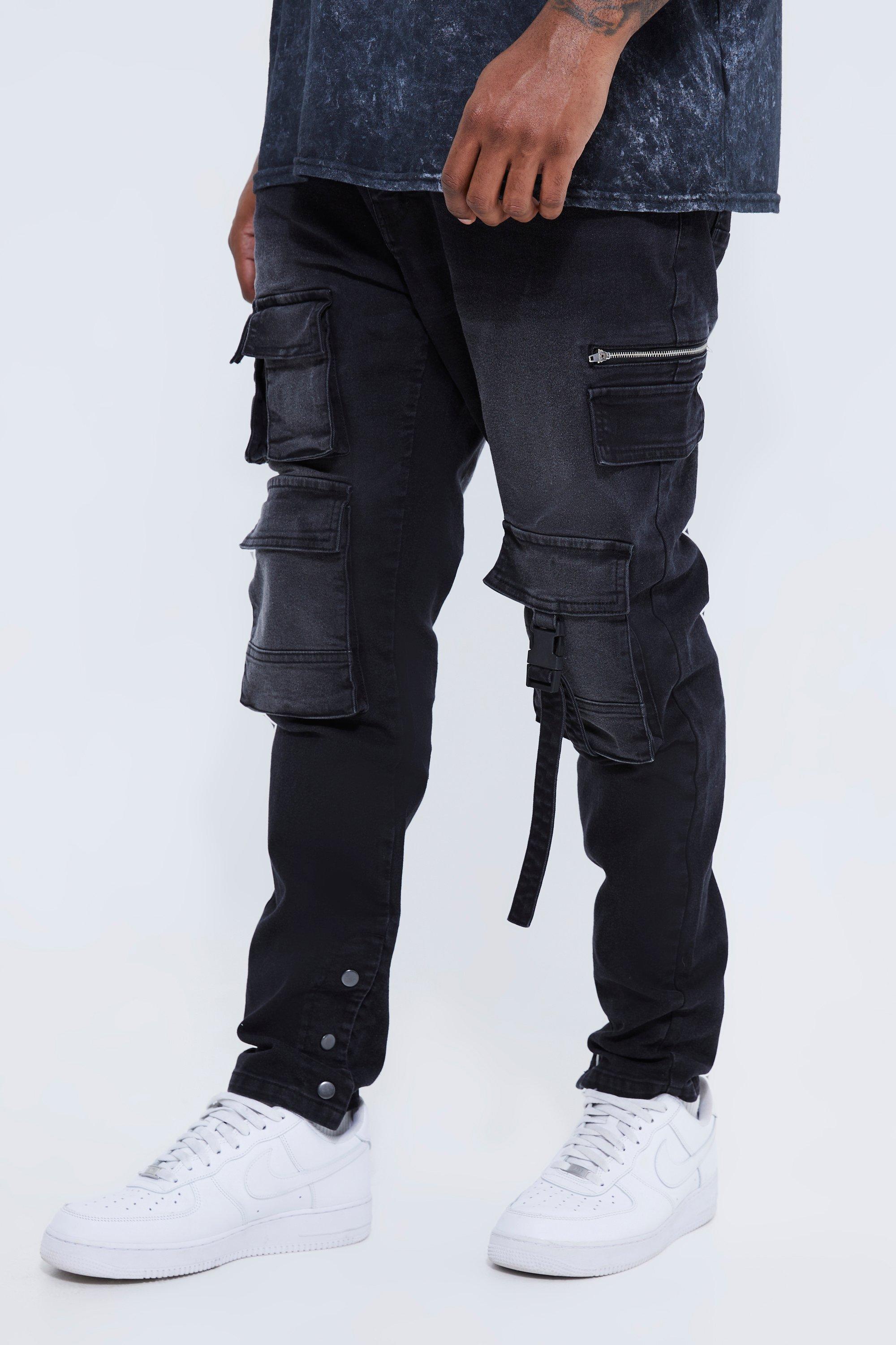 Mens Black Plus Skinny Stretch Multi Pocket Cargo Jeans, Black
