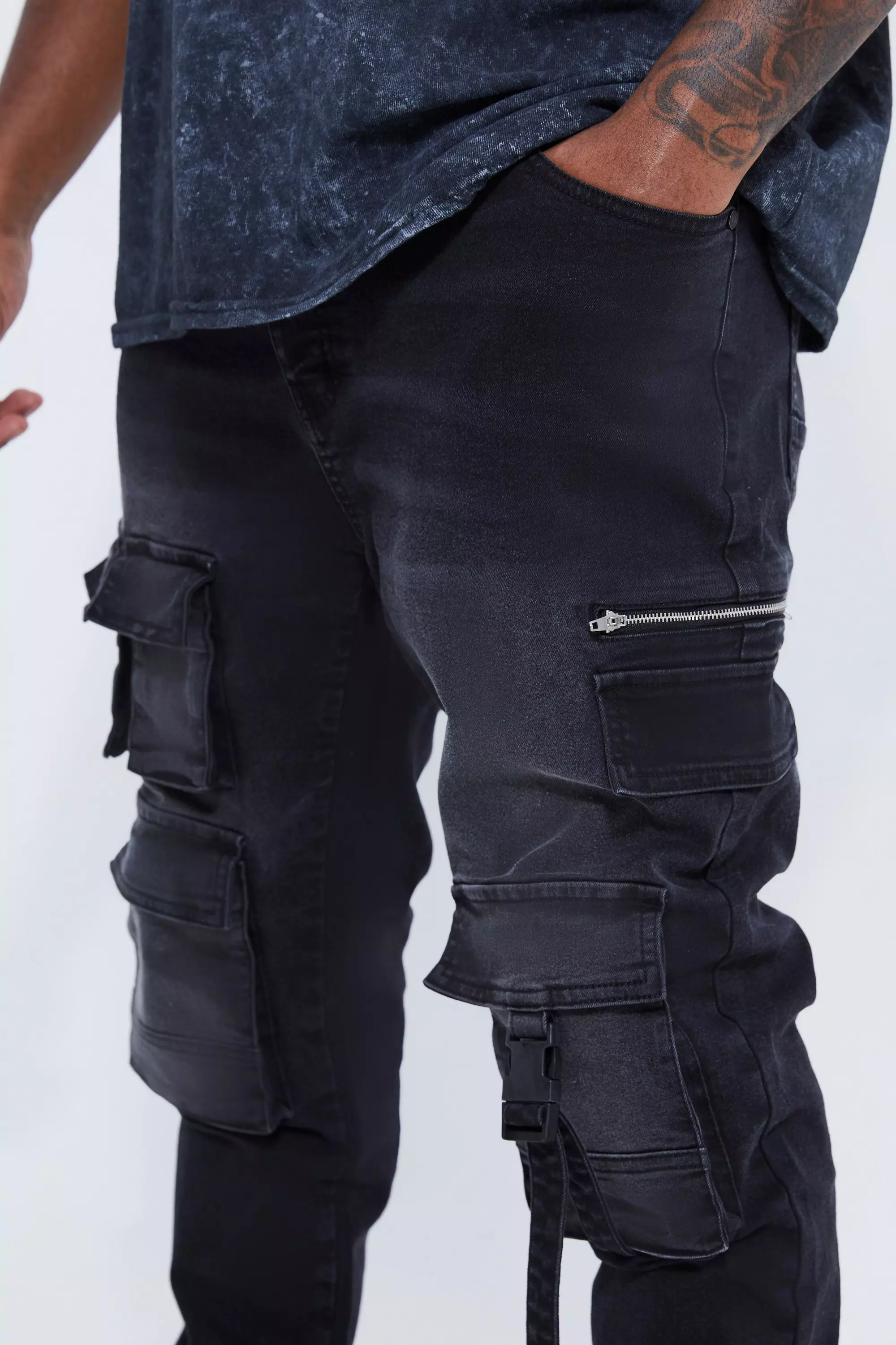 Fashion Elastic Cargo Jeans Men Stretch Multi-pocket Skinny Jeans