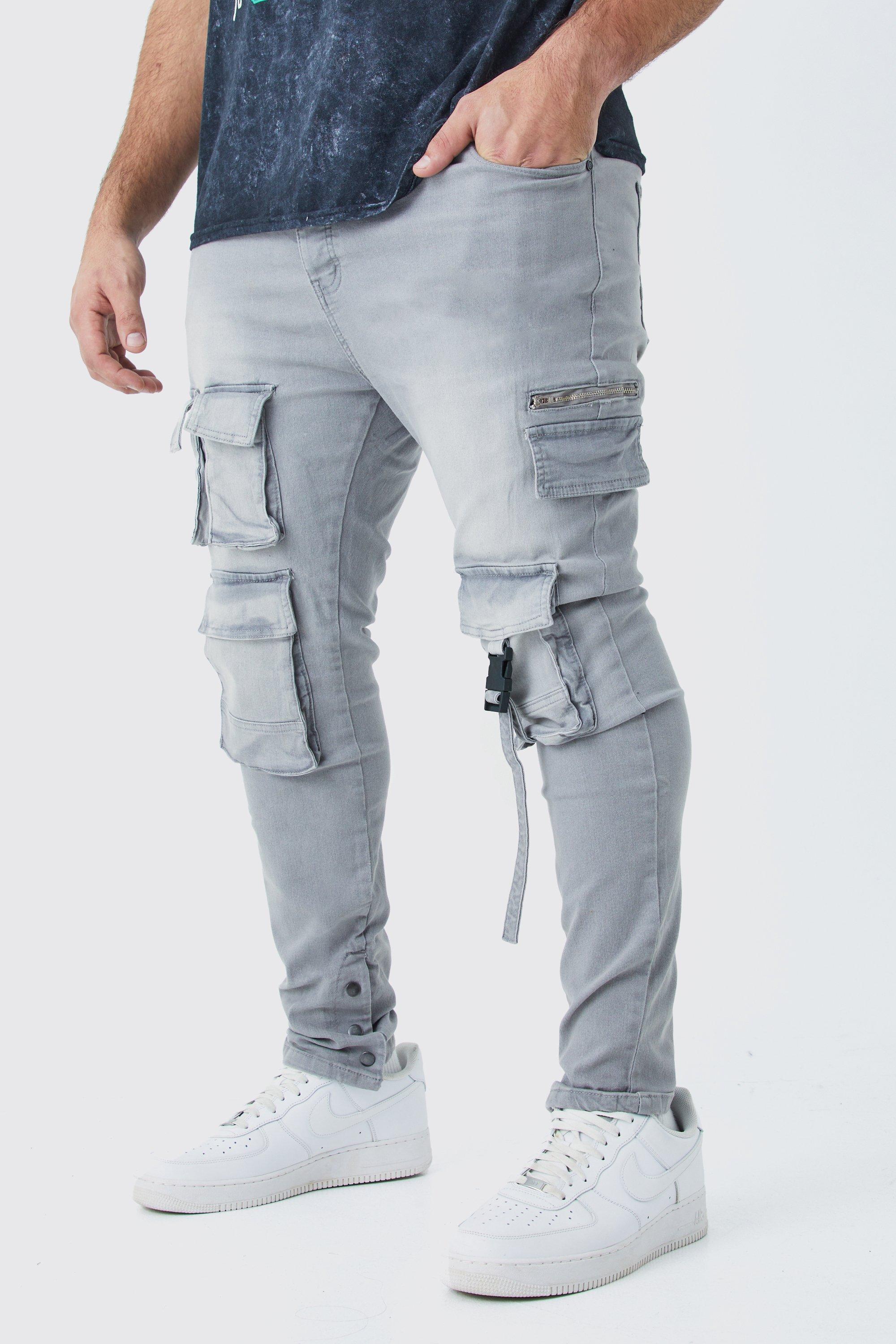 Mens Grey Plus Skinny Stretch Multi Pocket Cargo Jeans, Grey