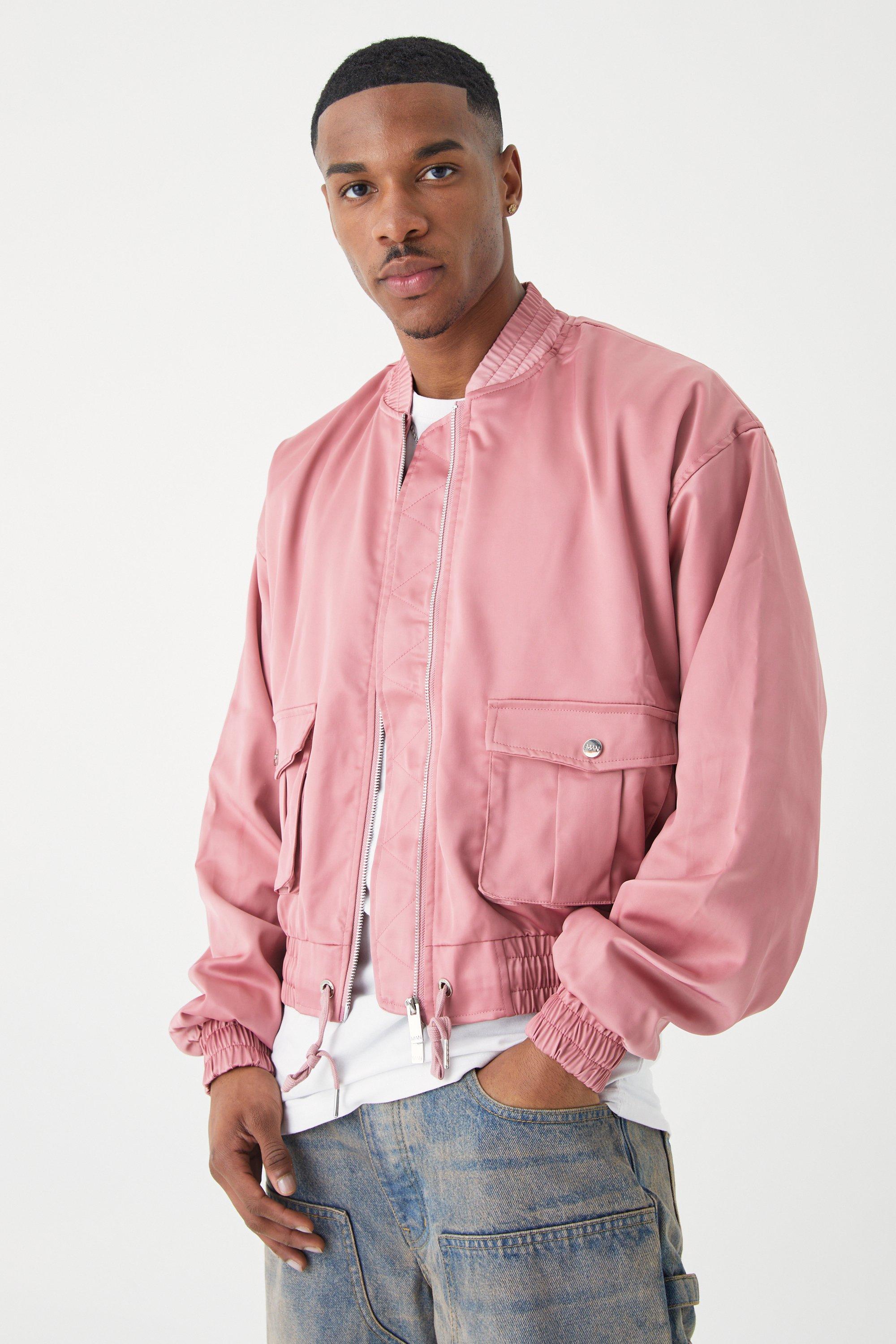 Mens Pink Boxy Satin Bomber With Utility Pocket, Pink