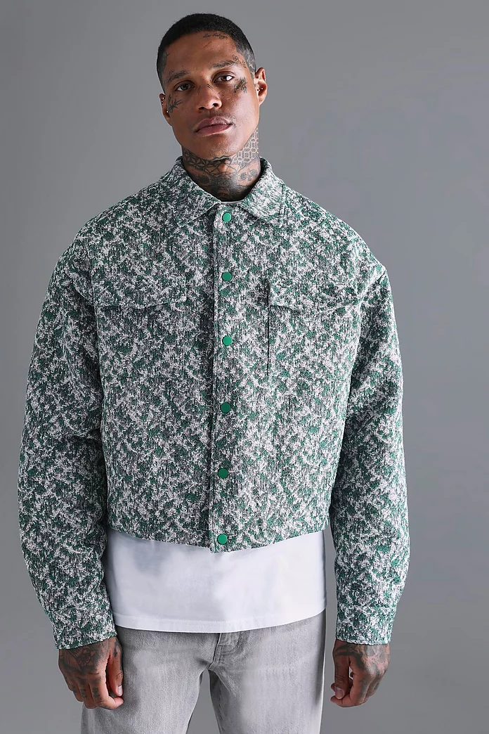 Boxy Textured Jacquard Collared Jacket | boohooMAN USA