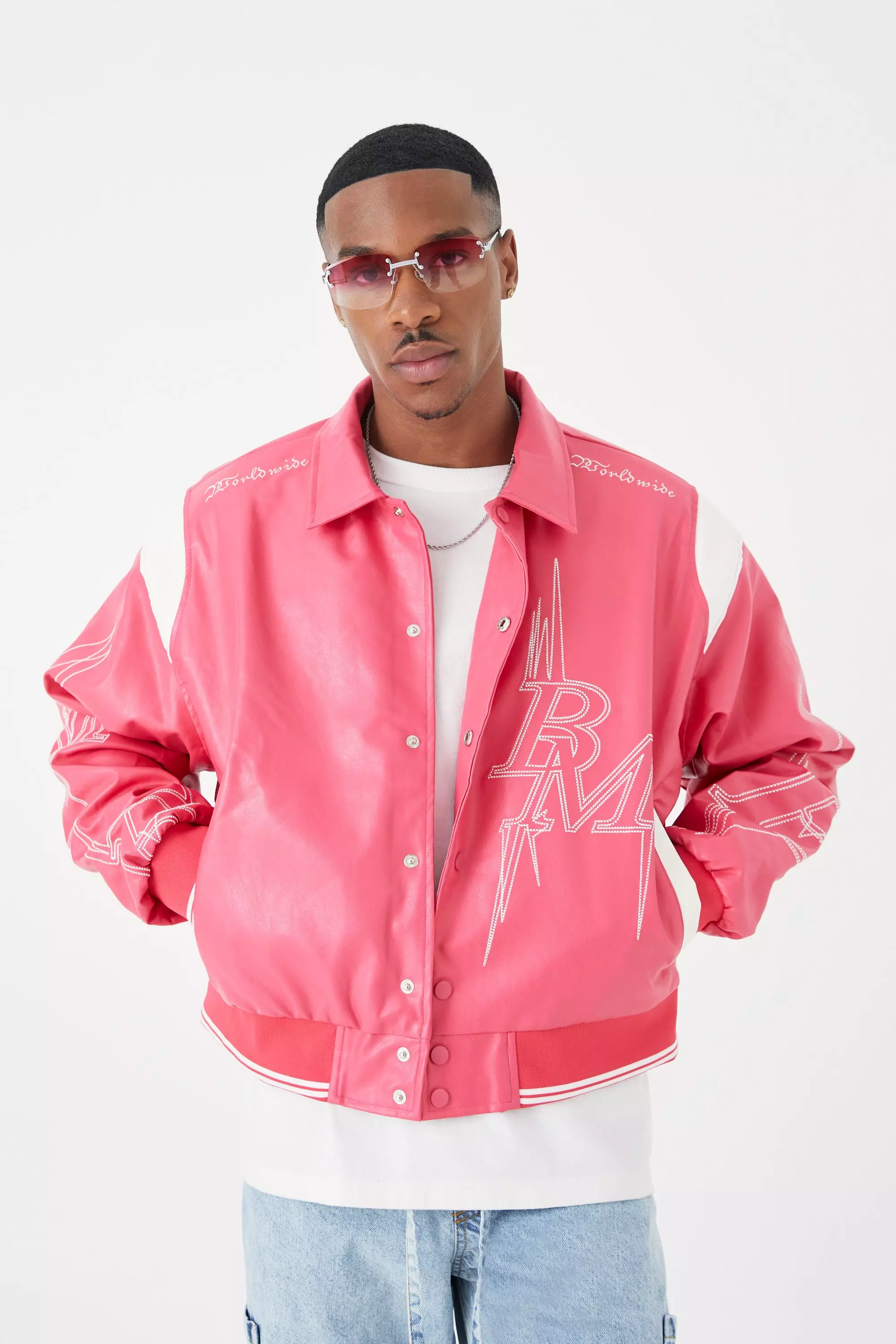 Boxy Pu Bm Embroidered Varsity Jacket | boohooMAN USA