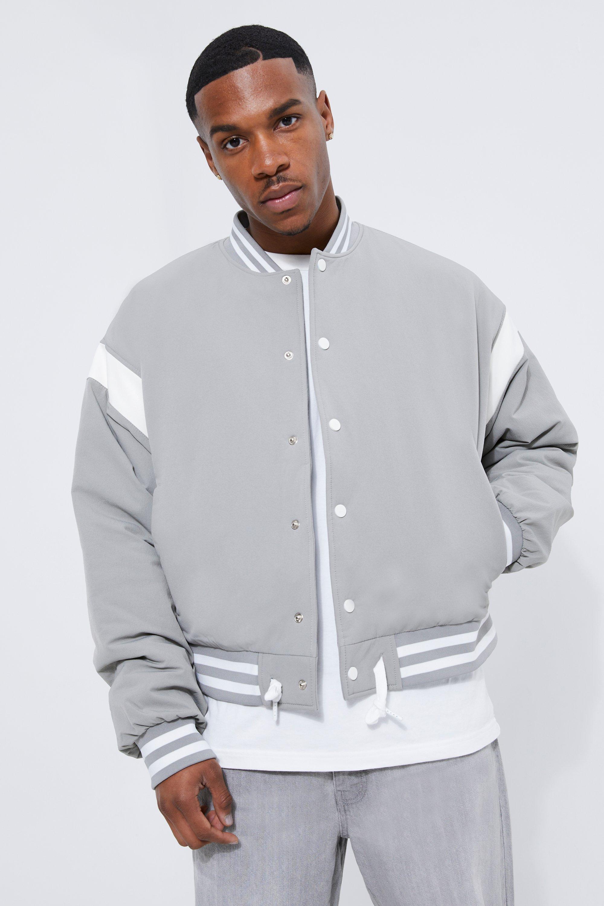 Mens Grey Washed Nylon Bomber With Contrast Trims, Grey