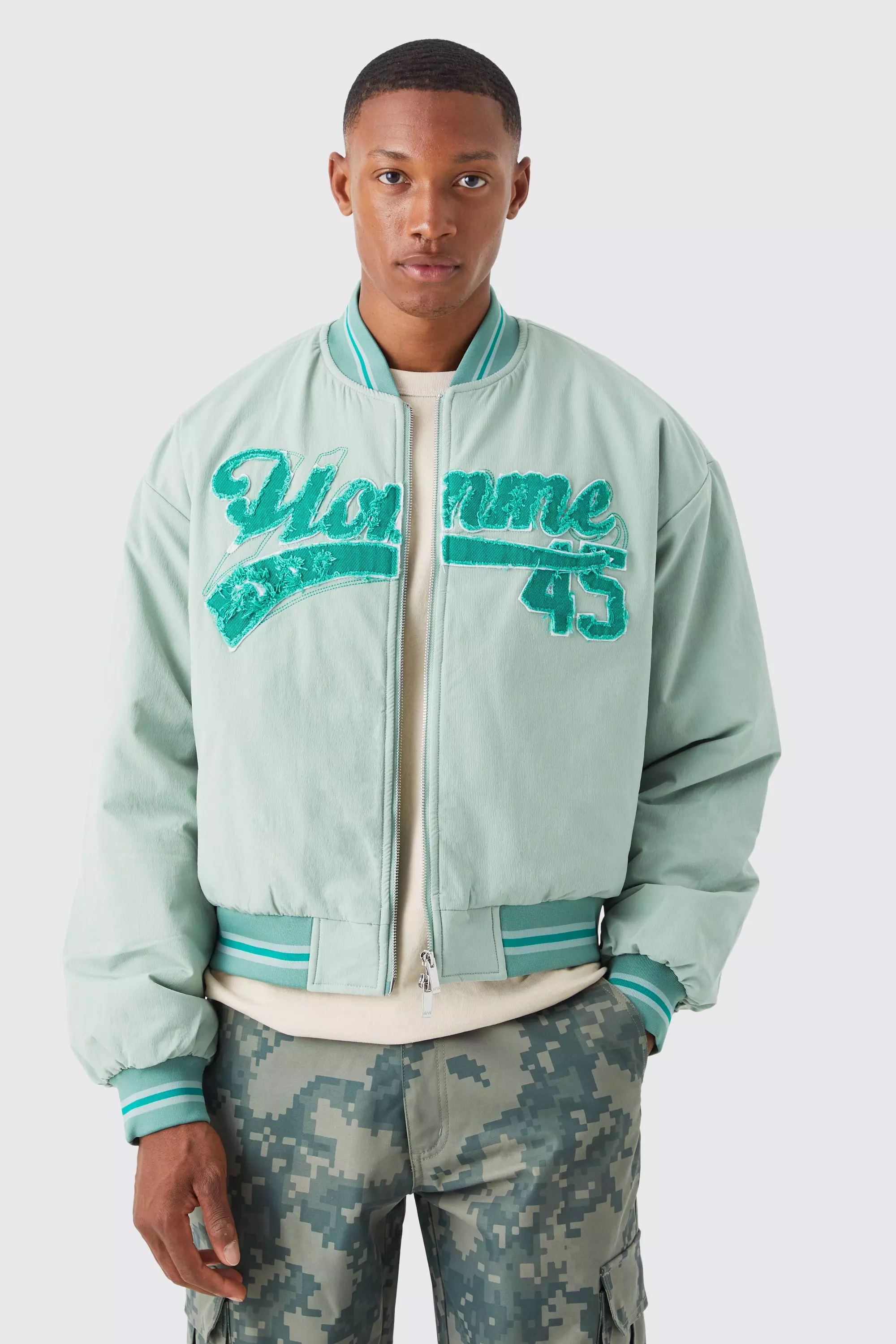 Boxy Homme Washed Nylon Varsity Jacket | boohooMAN USA