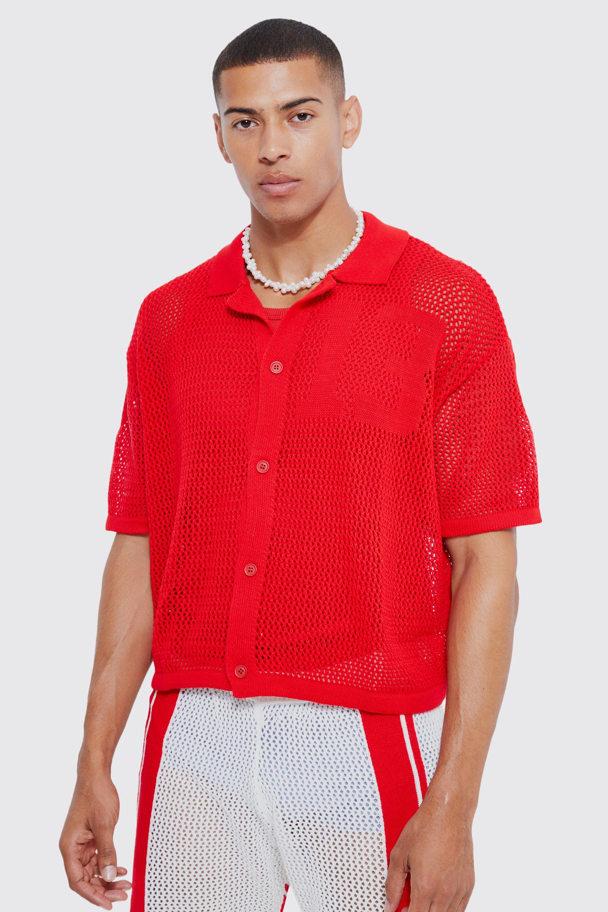 Image of Camicia squadrata a maniche corte in maglia stile Varsity traforata, Rosso