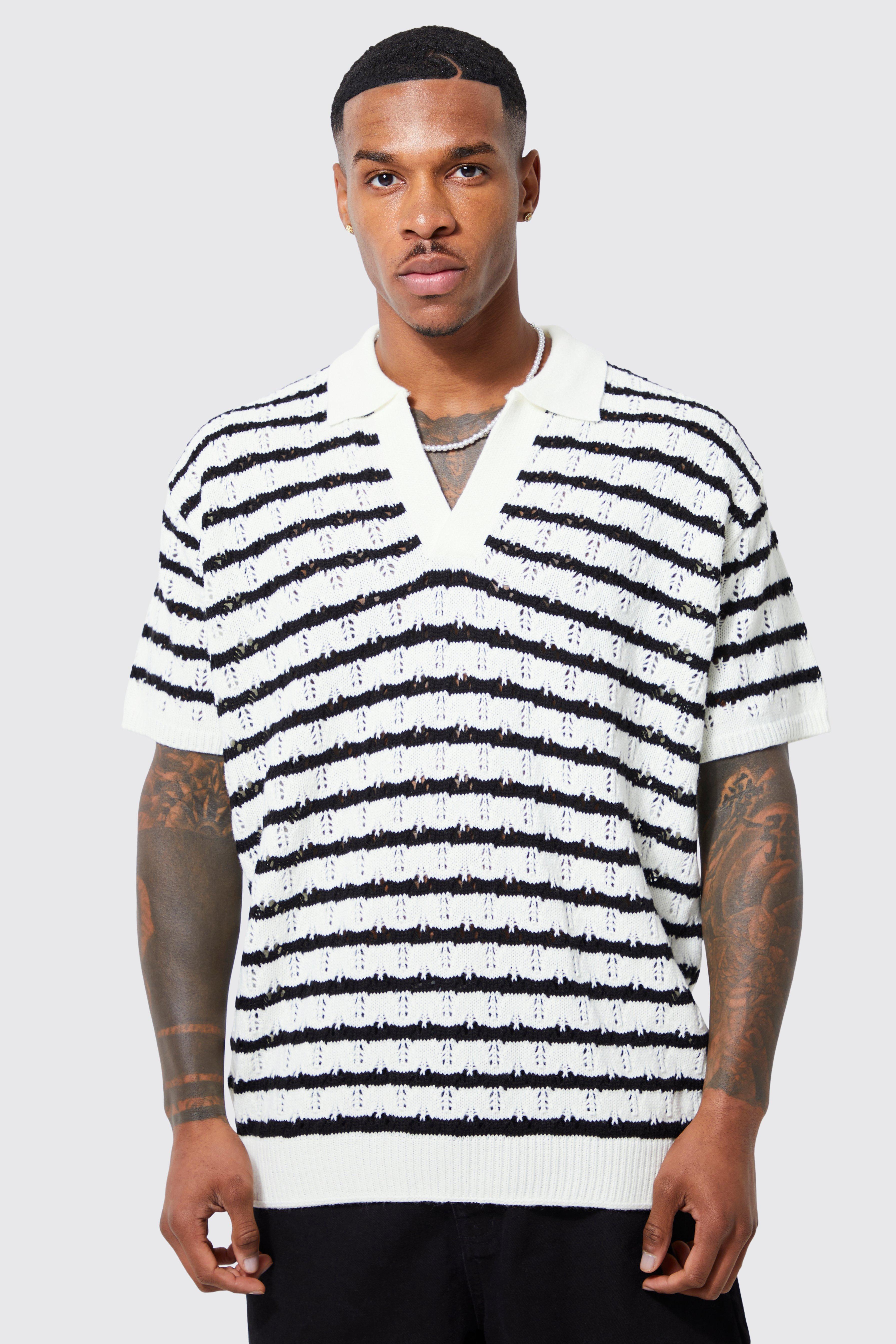men's short sleeve oversized crochet stripe polo - cream - s, cream