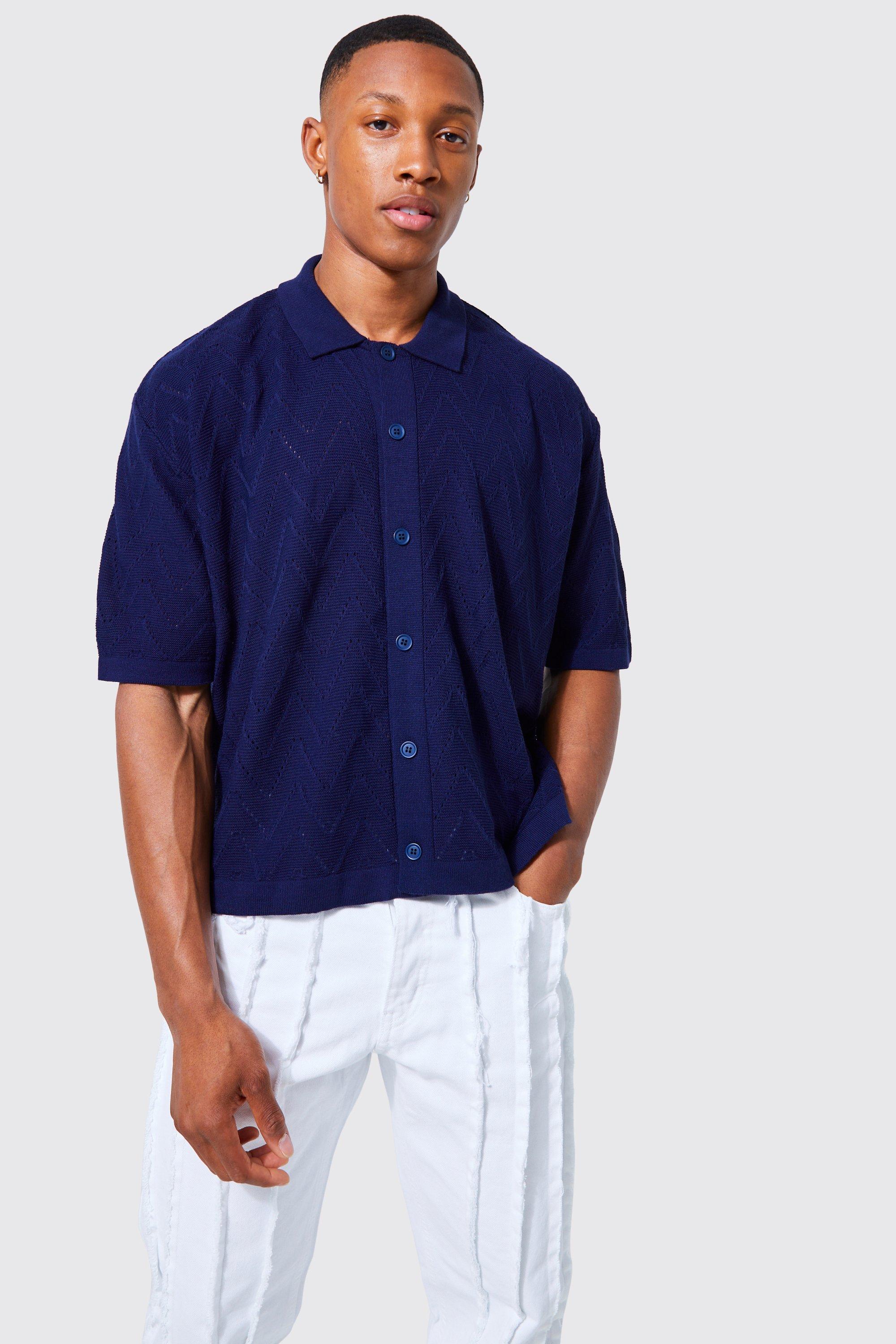Mens Navy Short Sleeve Boxy Open Stitch Knitted Shirt, Navy
