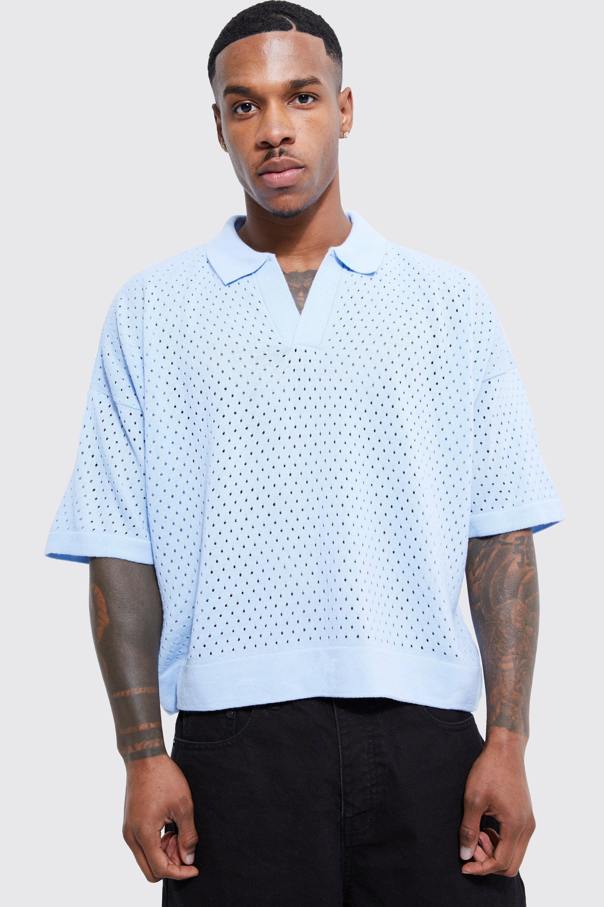 Mens Blue Short Sleeve Boxy Fit Revere Open Knit Polo, Blue