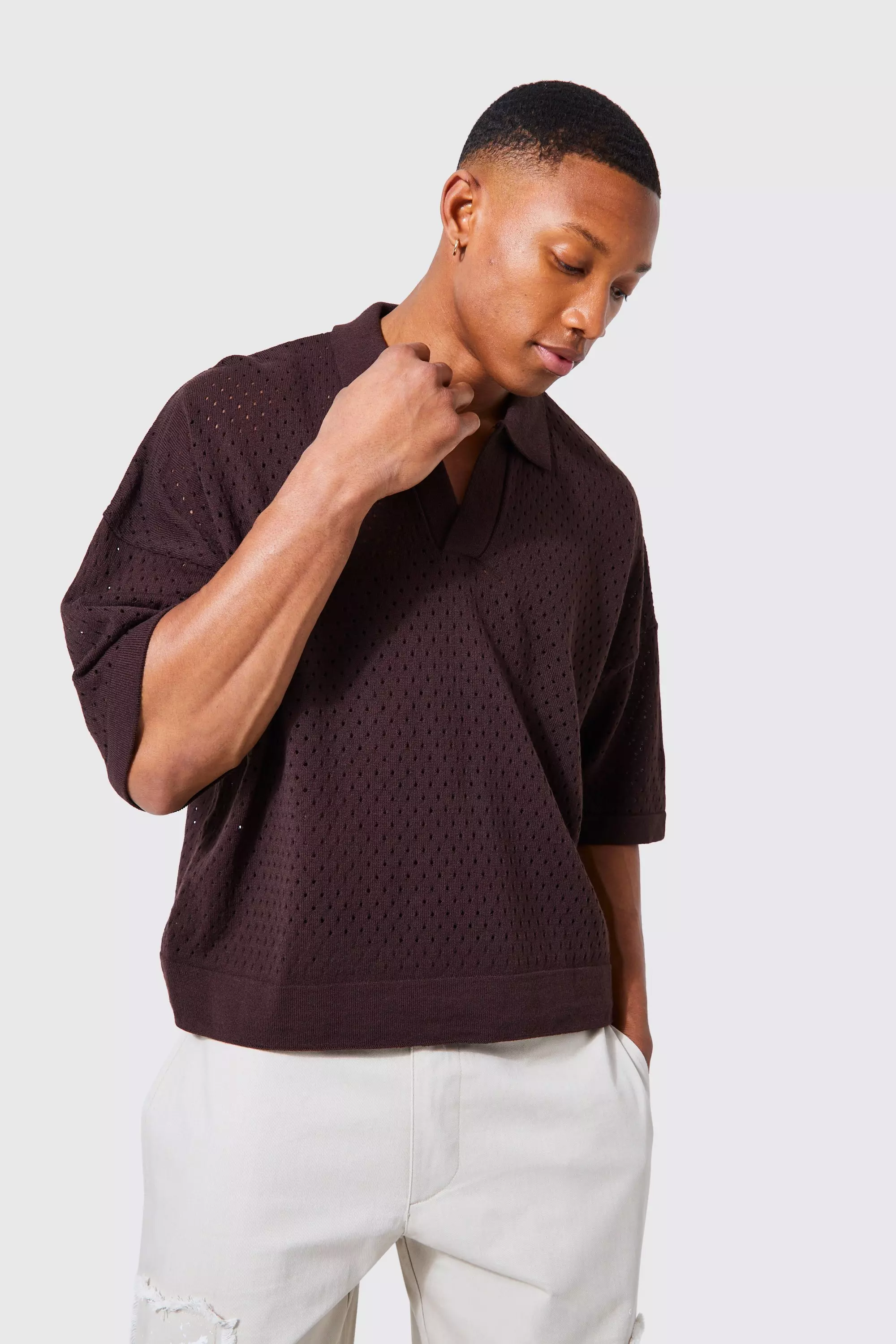 Short Sleeve Boxy Fit Revere Open Knit Polo | boohooMAN USA