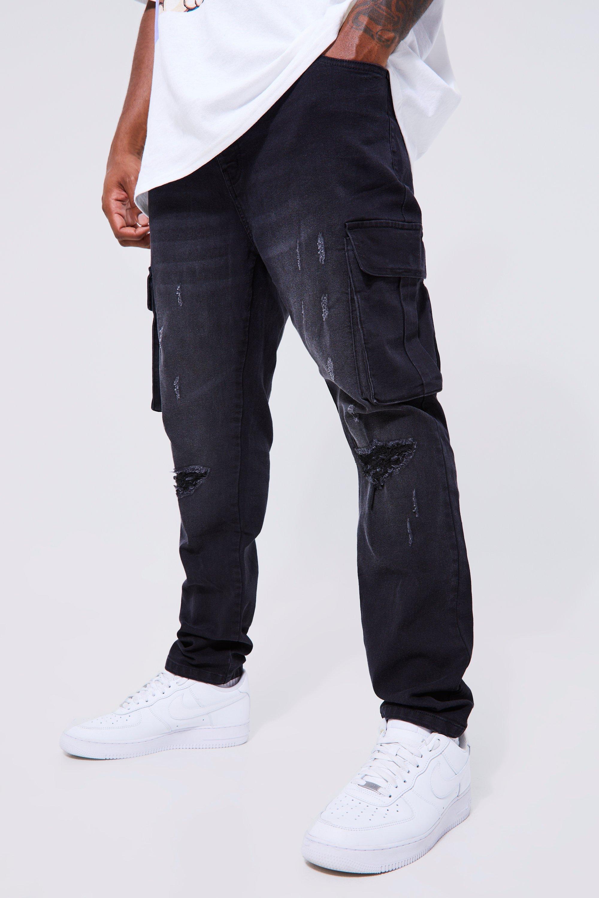 Boohoo Plus Stretch Rip & Repair Cargo Skinny Jeans, Washed Black