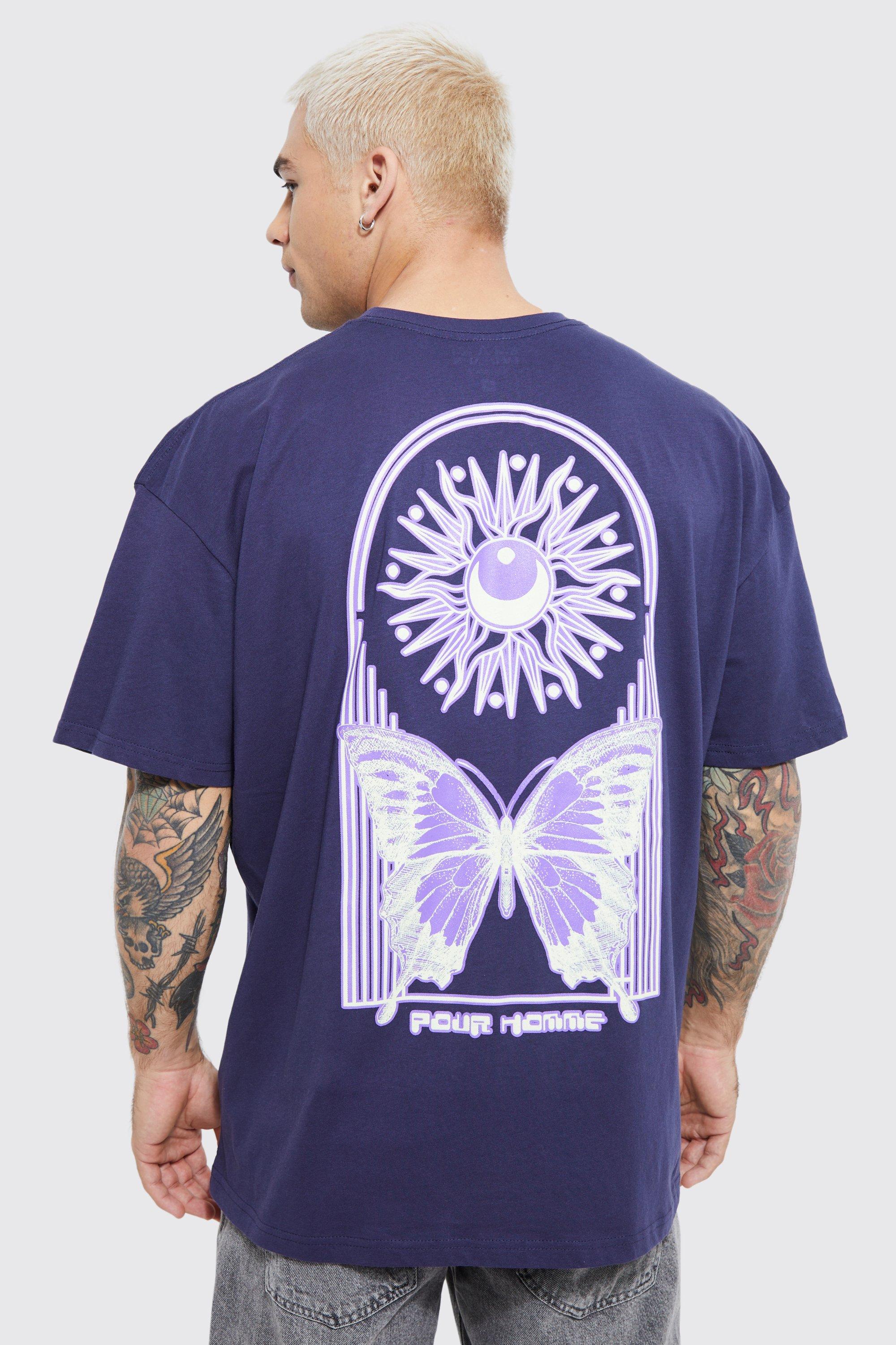 Mens Navy Oversized Tarot Back Graphic T-shirt, Navy