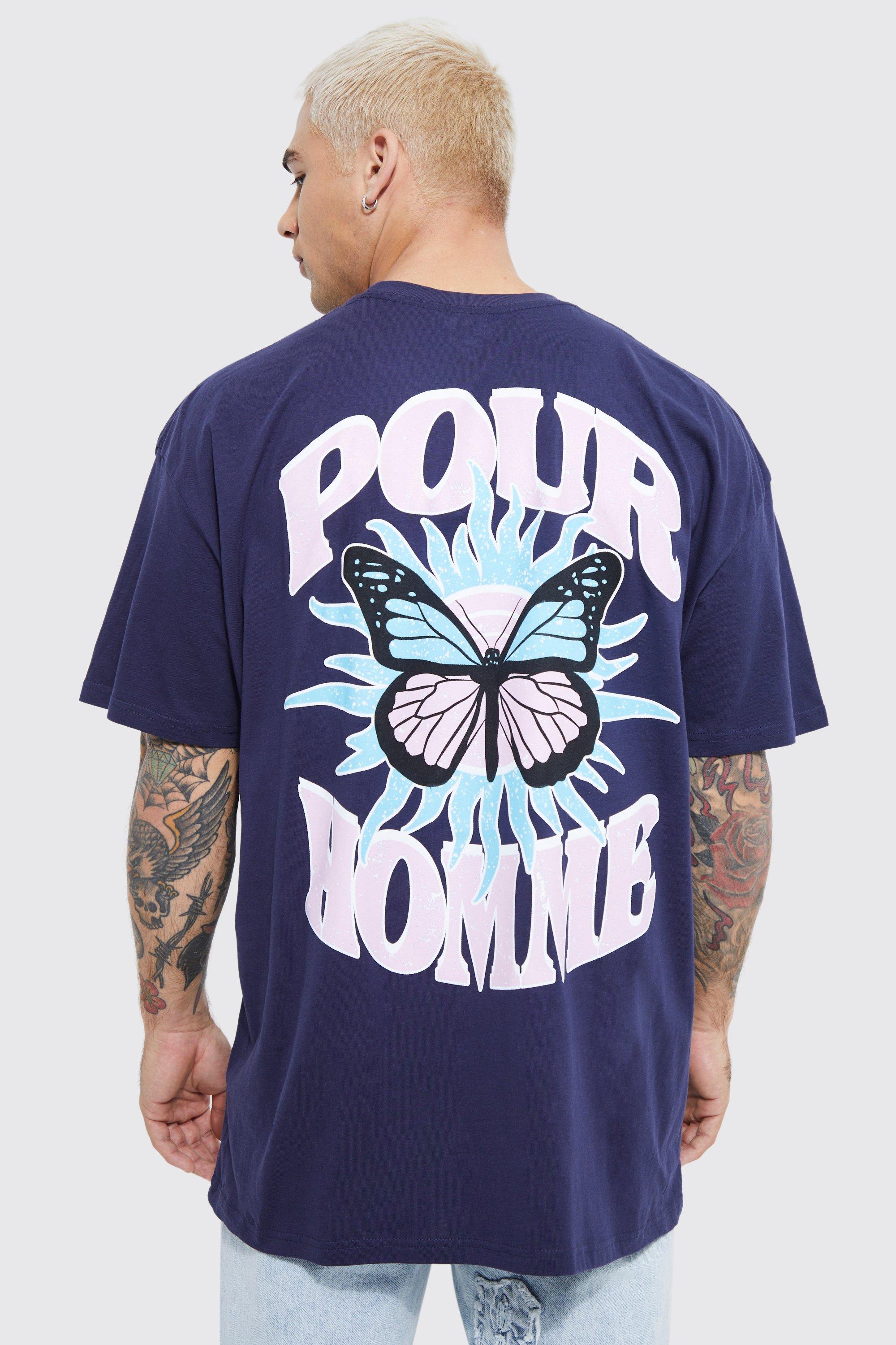 Mens Navy Oversized Butterfly Pour Homme Graphic T-Shirt, Navy