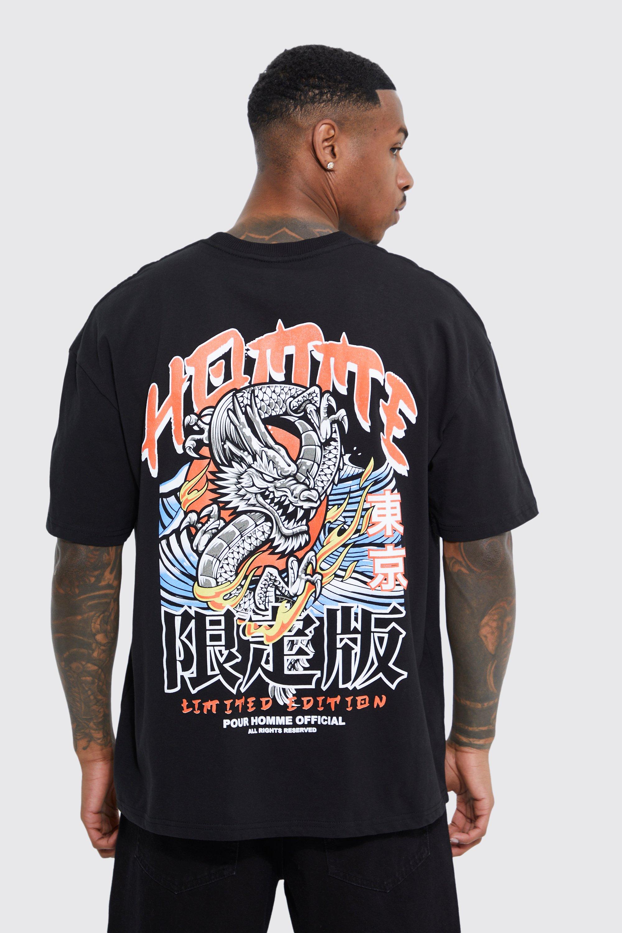 Mens Black Oversized Homme Dragon Graphic T-shirt, Black