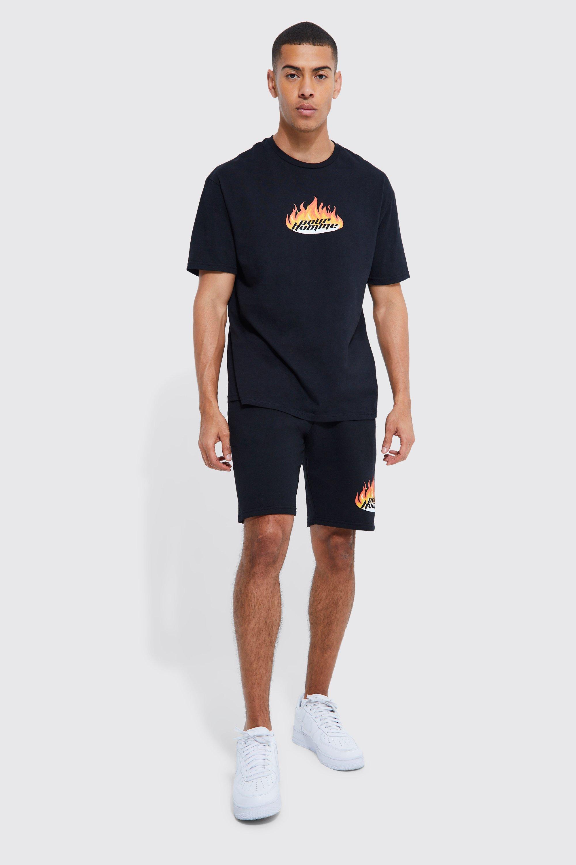 Mens Black Oversized Pour Homme Flames T-shirt Set, Black