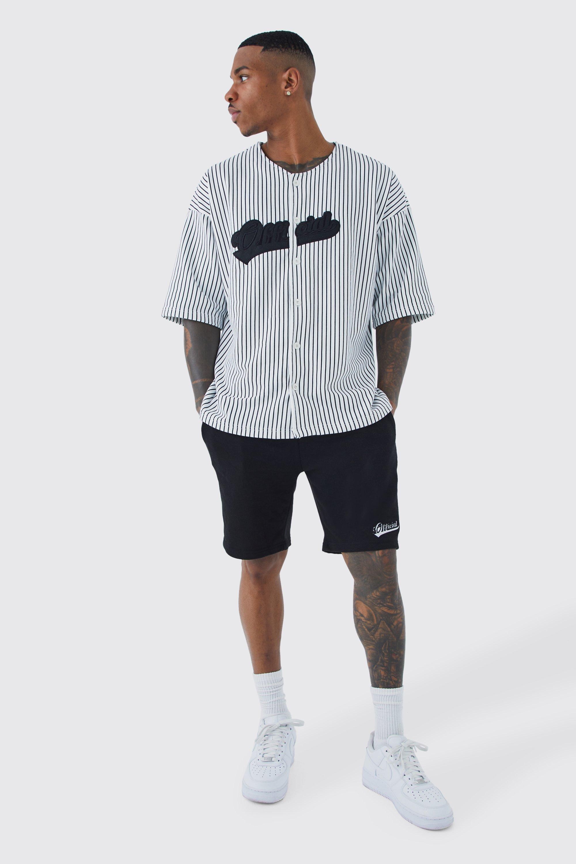 Mens Black Oversized Pinstripe Baseball Shirt & Short Set, Black