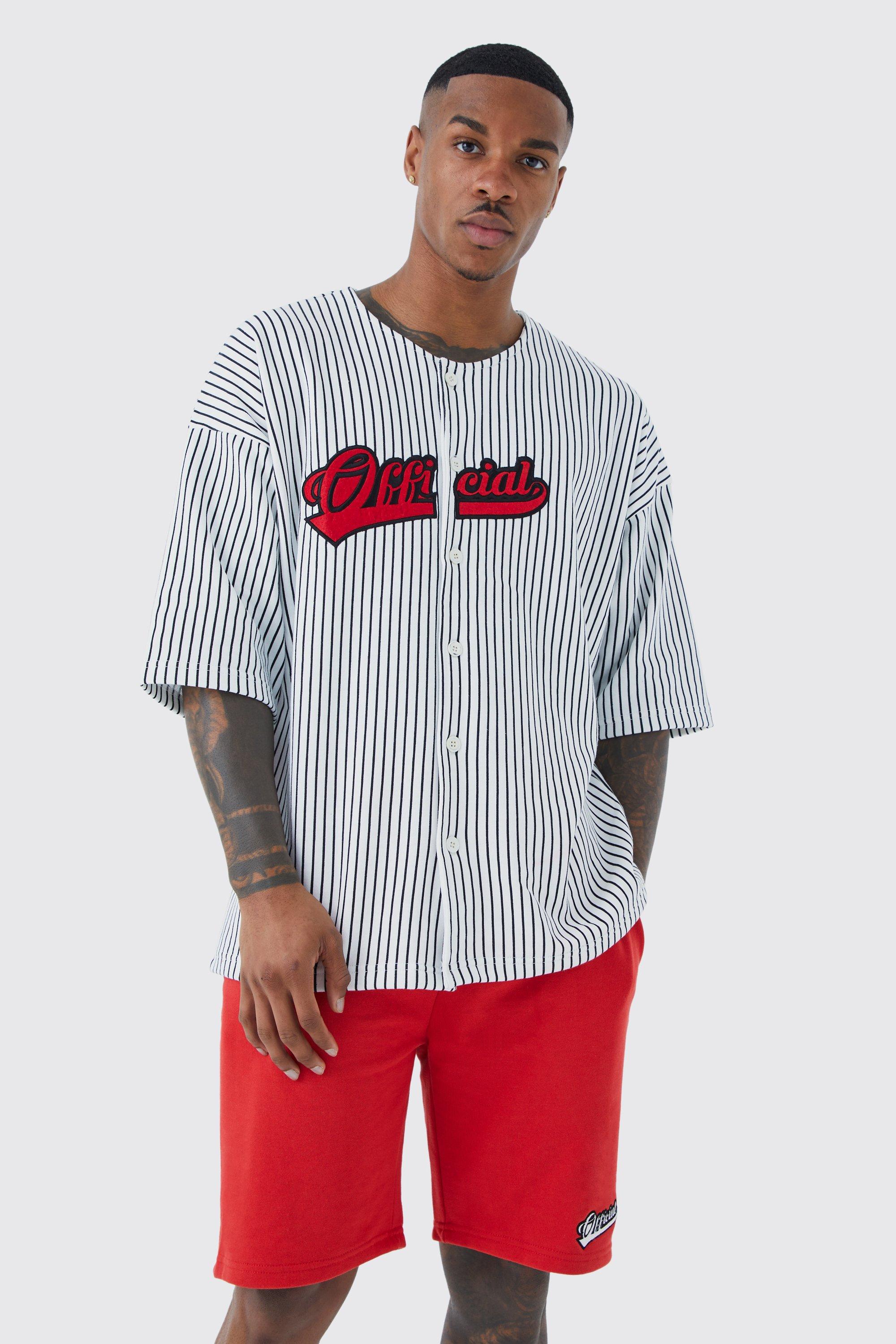 Image of Set camicia da baseball oversize a righe verticali & pantaloncini, Rosso