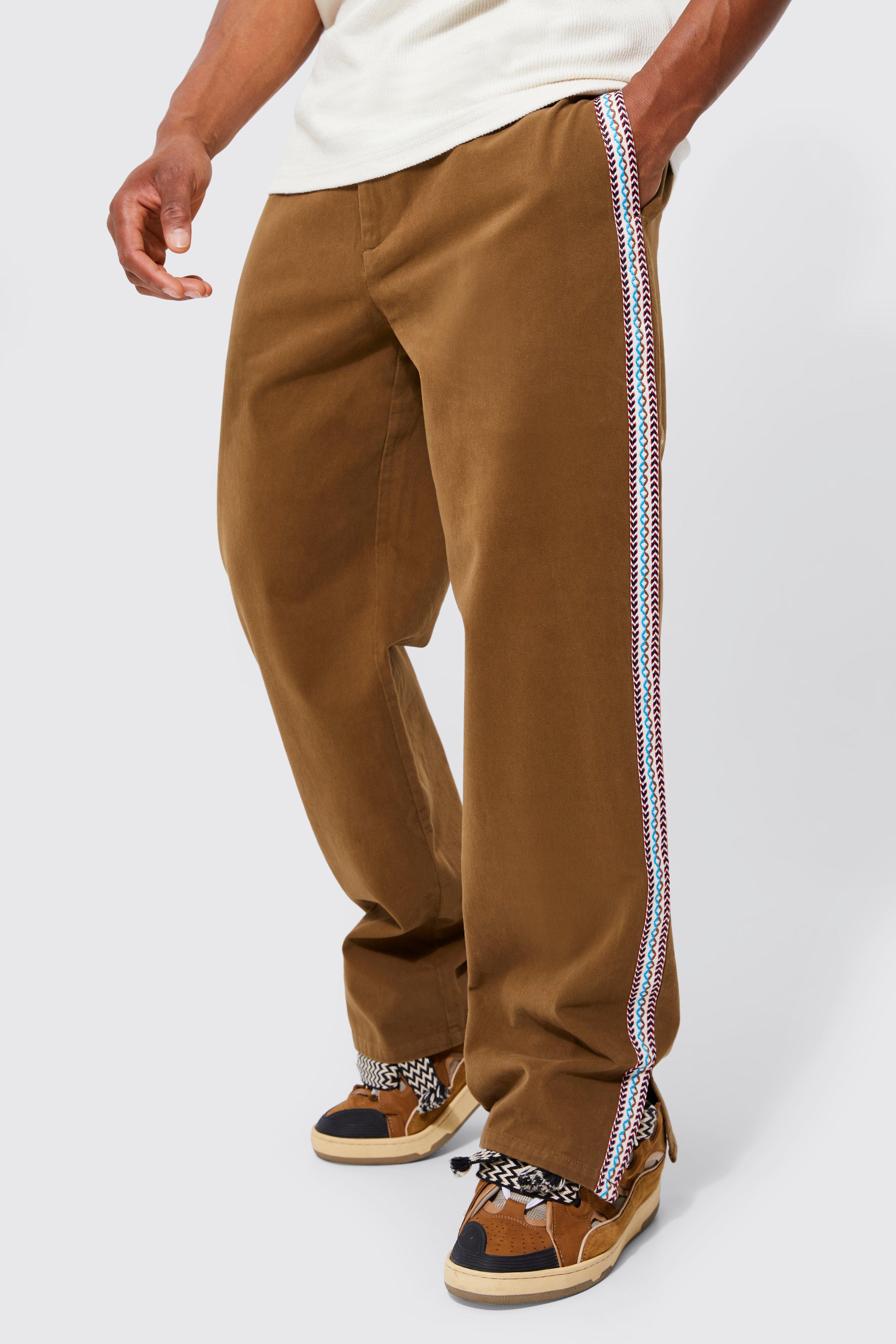 Mens Brown Fixed Waist Relaxed Flare Tape Trouser, Brown