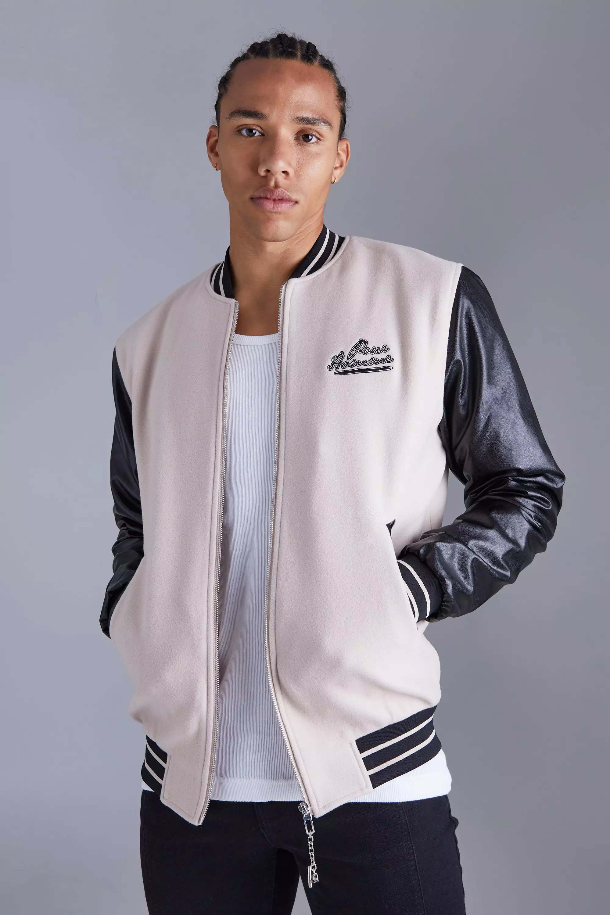 Beige Varsity Jacket with PU sleeves