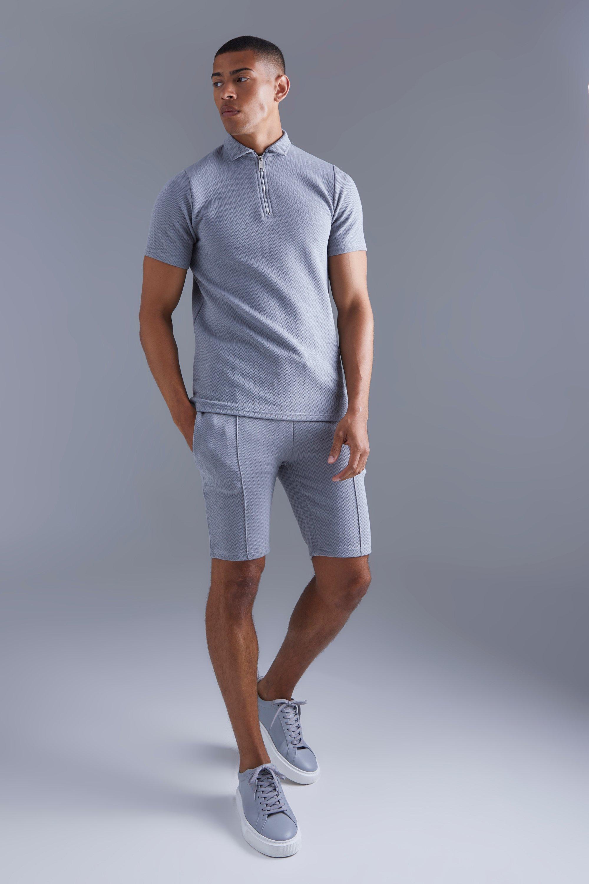 Mens Grey Slim Fit Jacquard Zip Polo & Short Set, Grey
