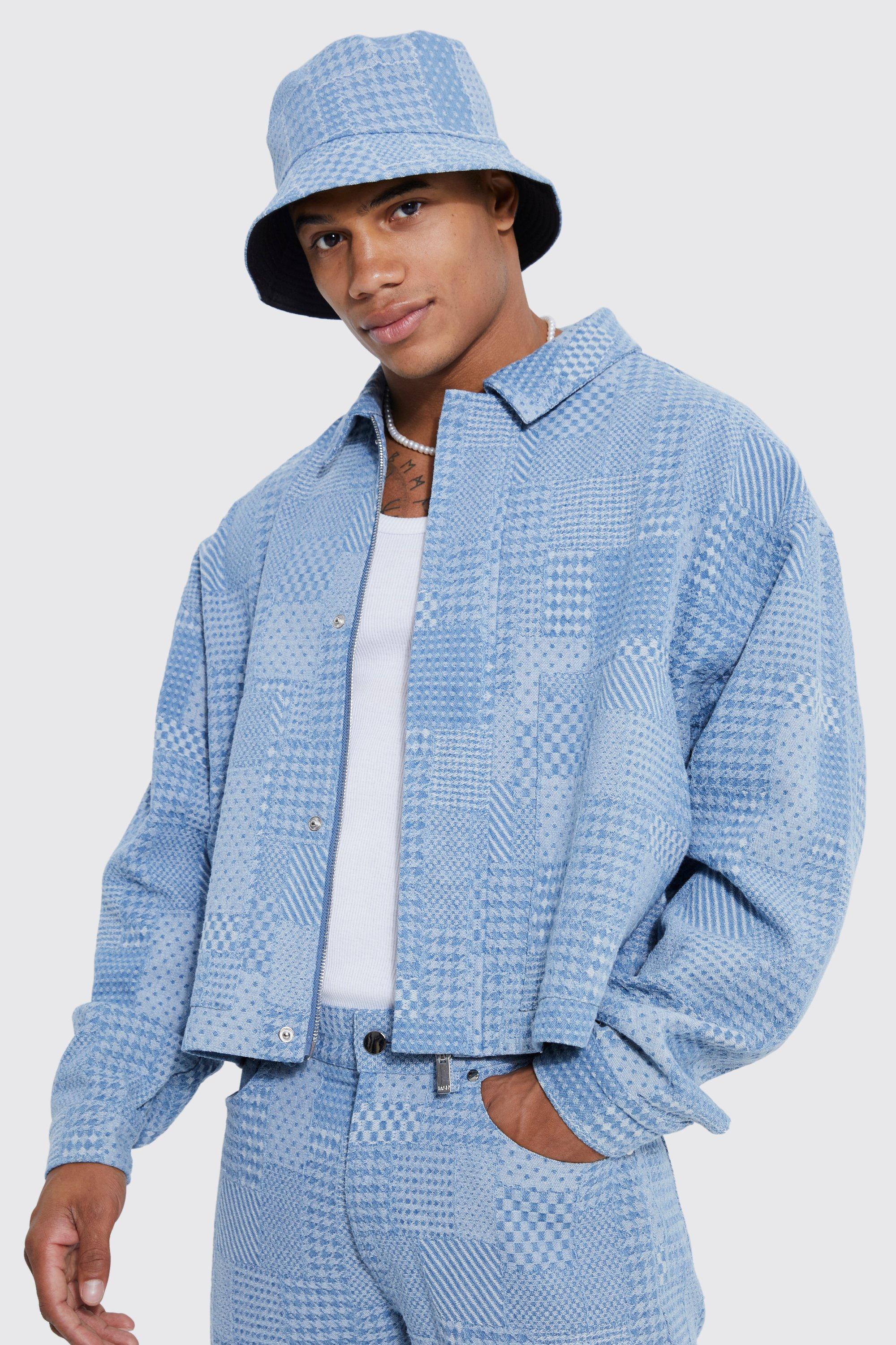 womens boxy fit fabric interest denim jacket - blue - s, blue
