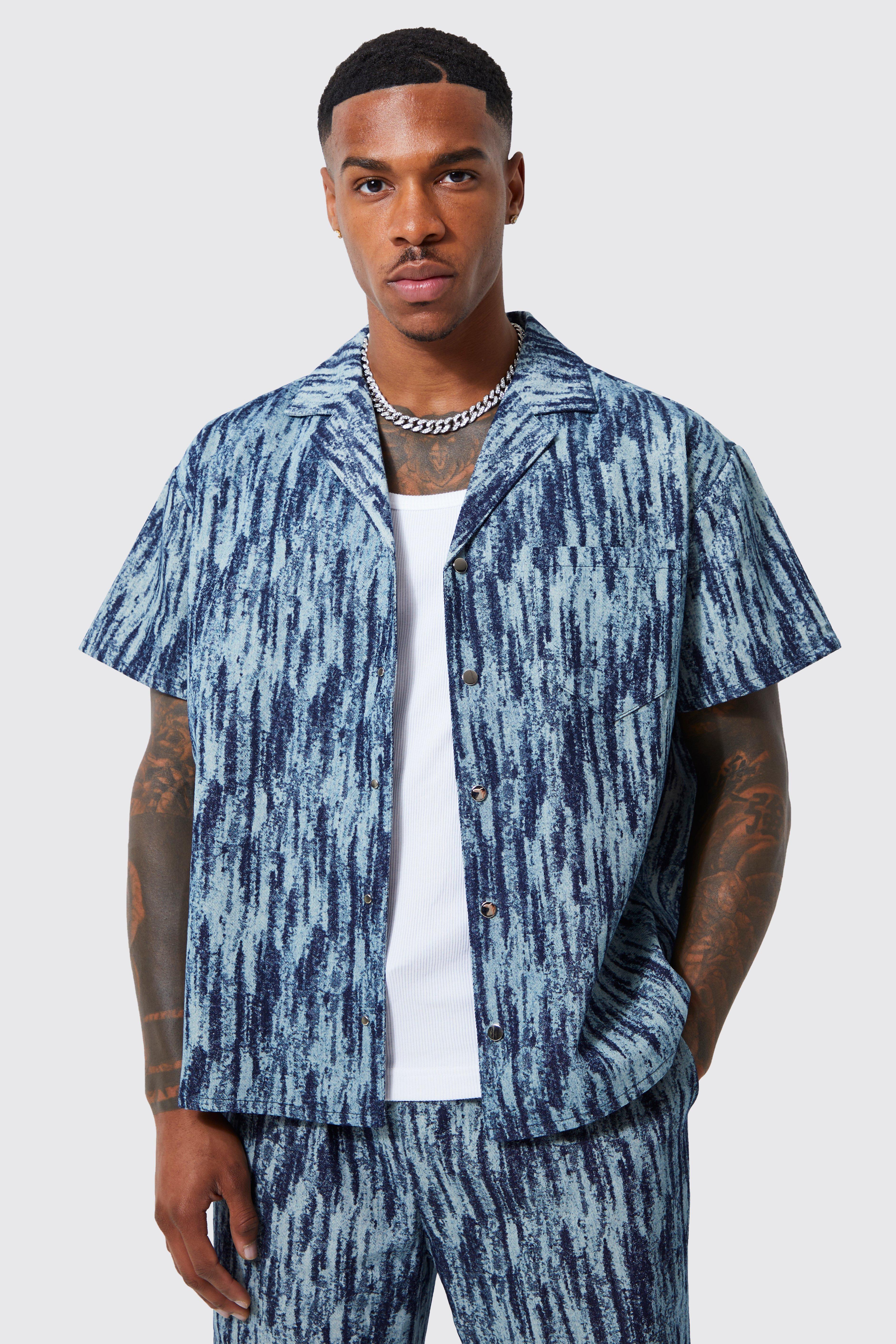 Image of Camicia squadrata in denim in tessuto a contrasto, Azzurro