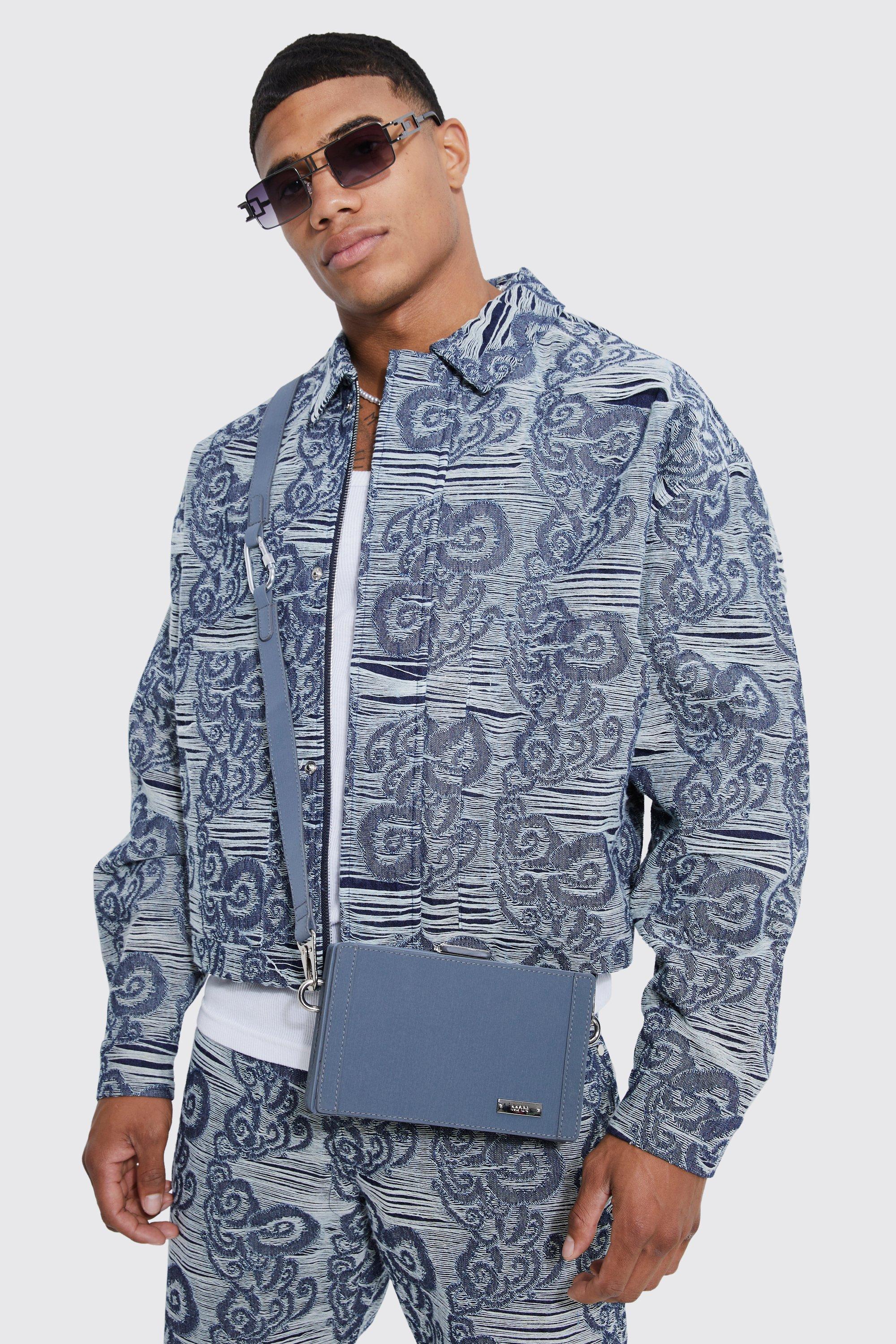 men's boxy fit fabric interest denim jacket - blue - xl, blue