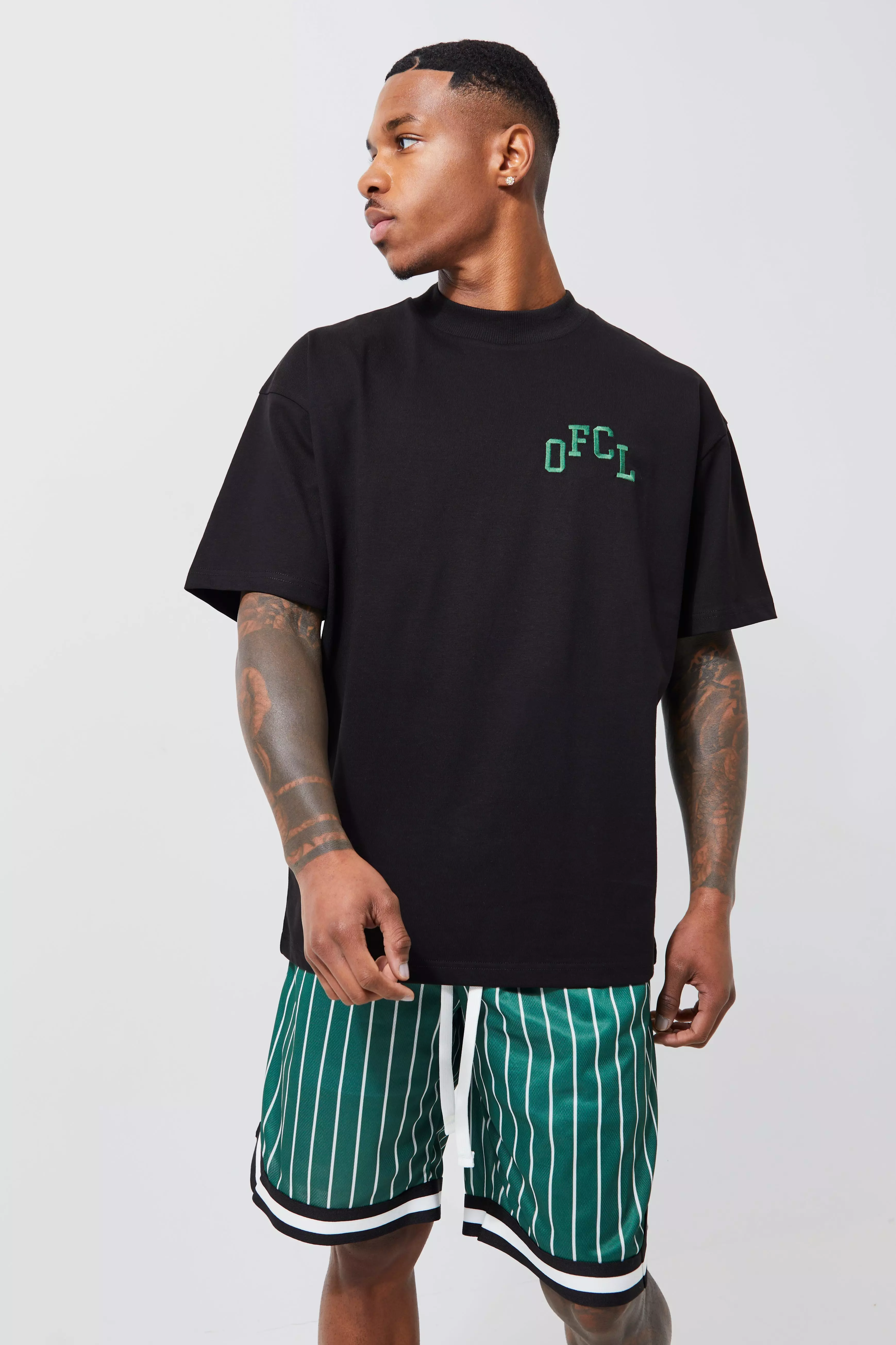Oversized Ofcl Stripe T-shirt And Mesh Short Set | boohooMAN USA