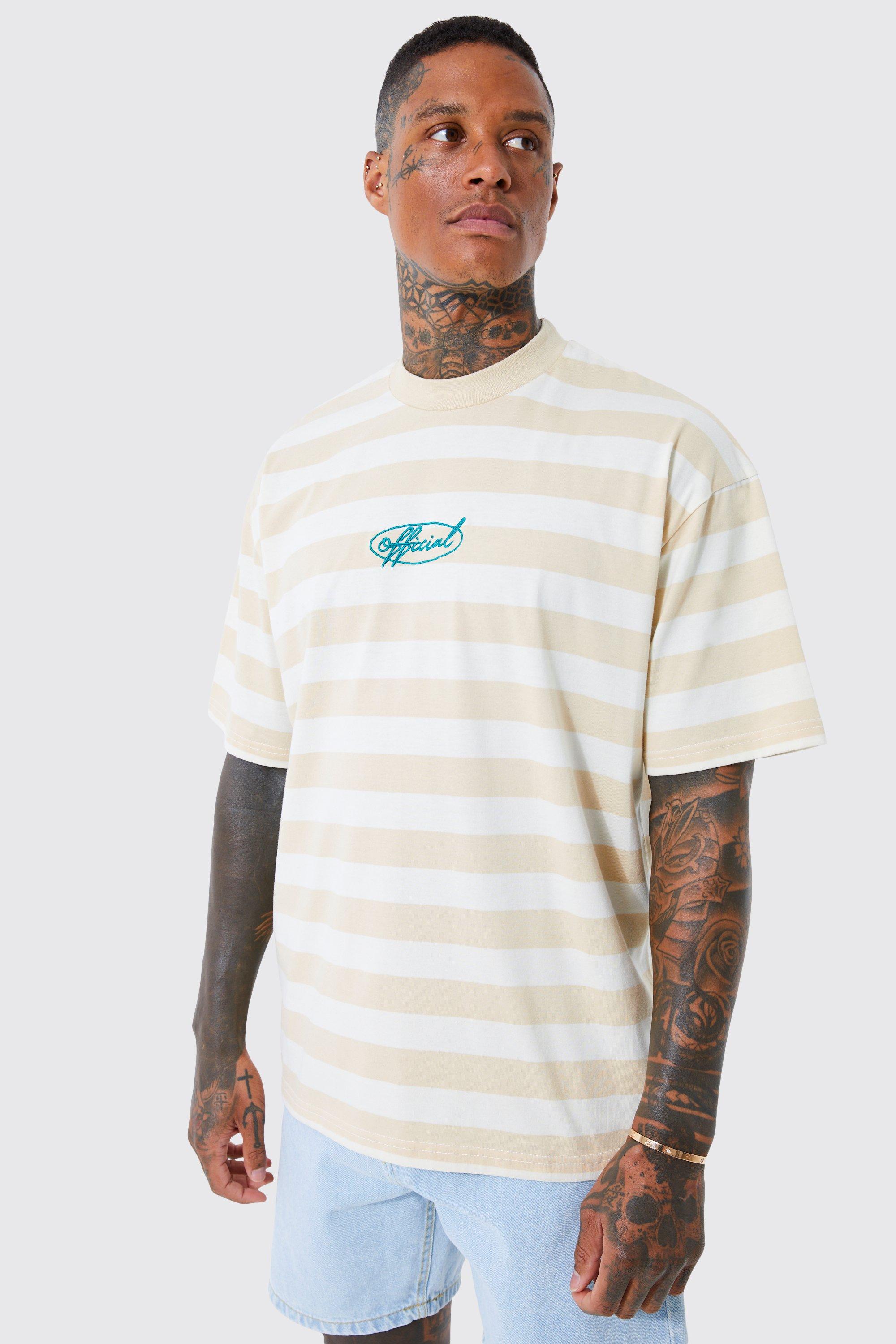 Mens Beige Oversized Official Stripe T-shirt, Beige
