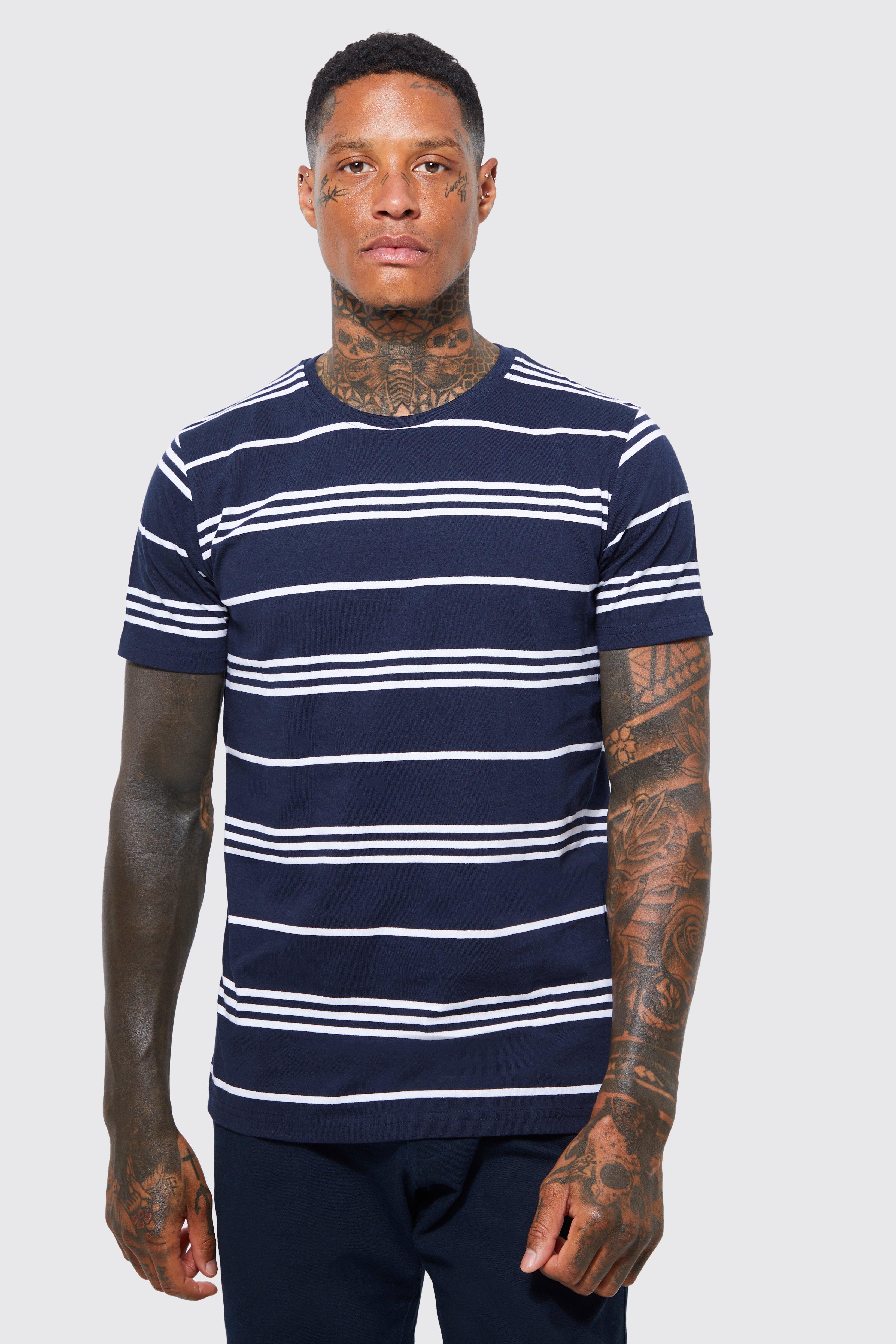 Mens Navy Multi Stripe T-shirt, Navy