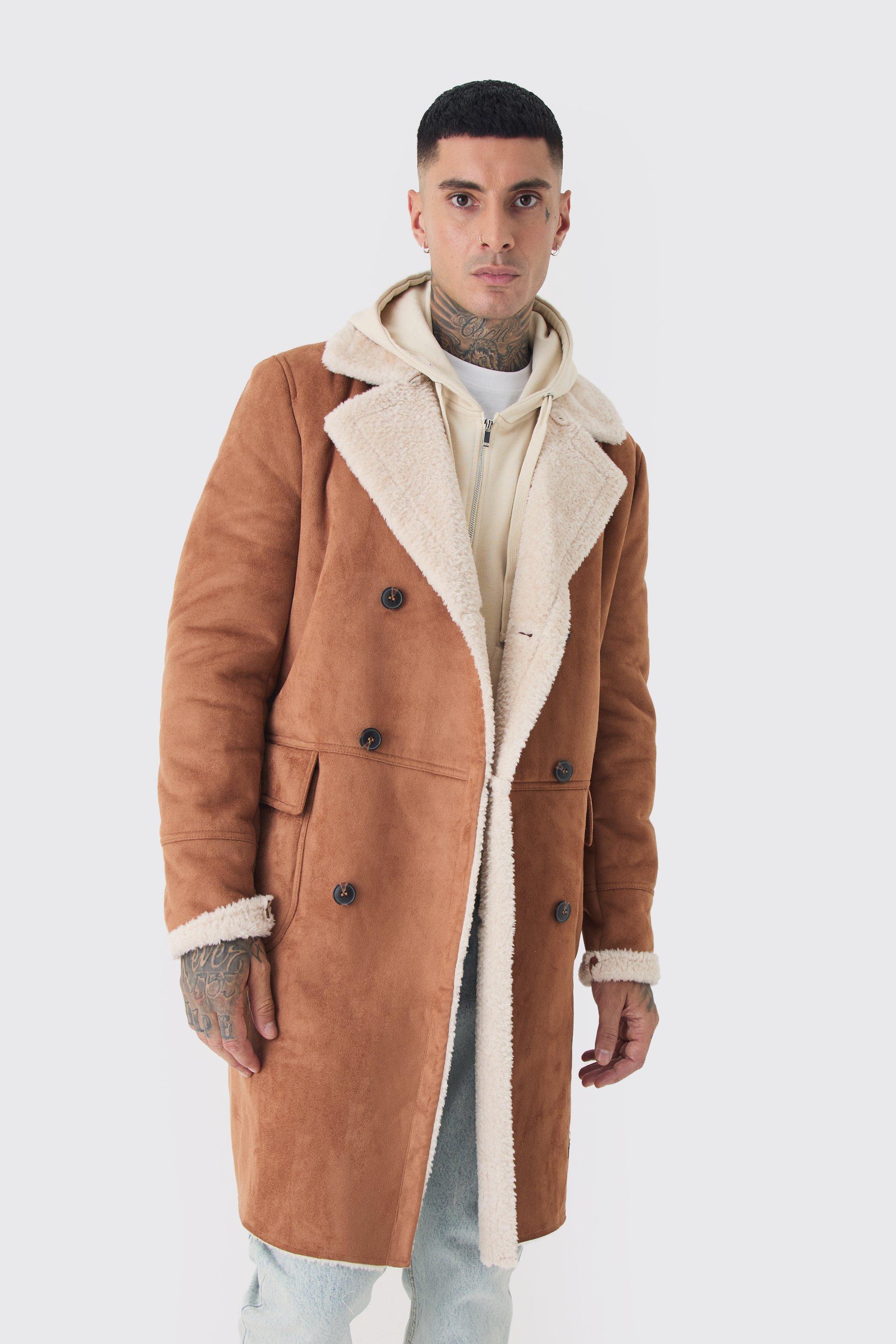 Mens Brown Tall Borg Lined Double Breasted Overcoat in Tan, Brown