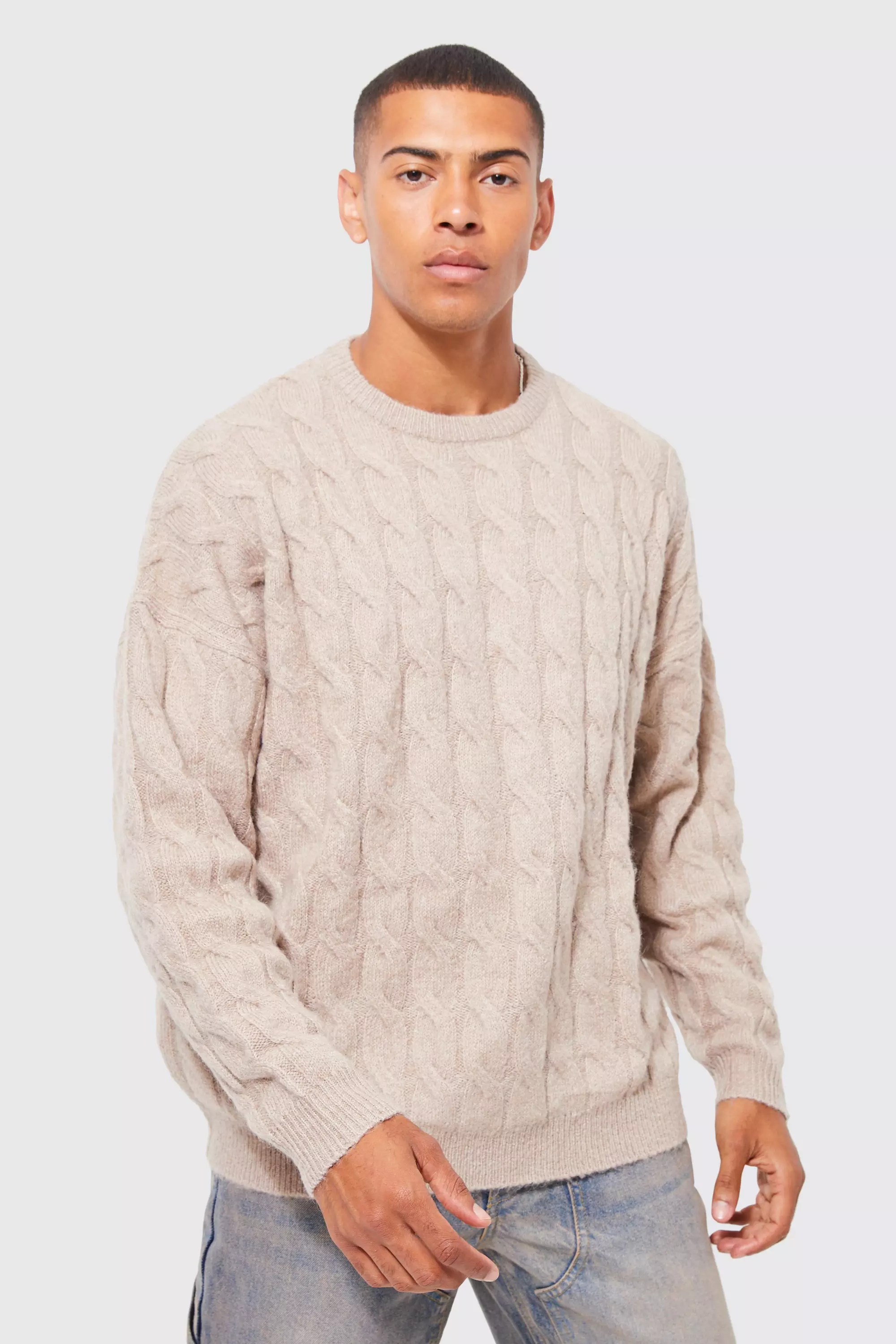 Oversized Cable Brushed Yarn Knitted Jumper boohooMAN