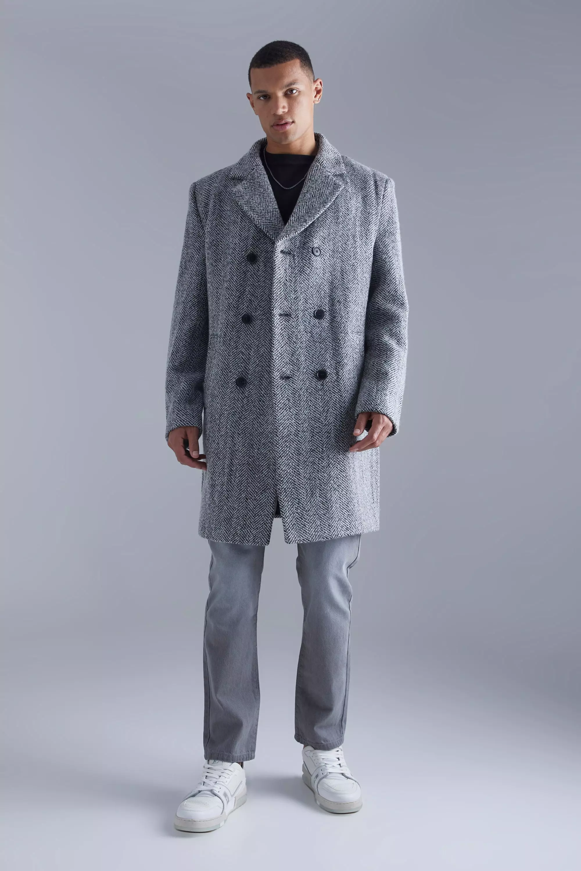 Men's single-breasted wool coat with beige and gray herringbone