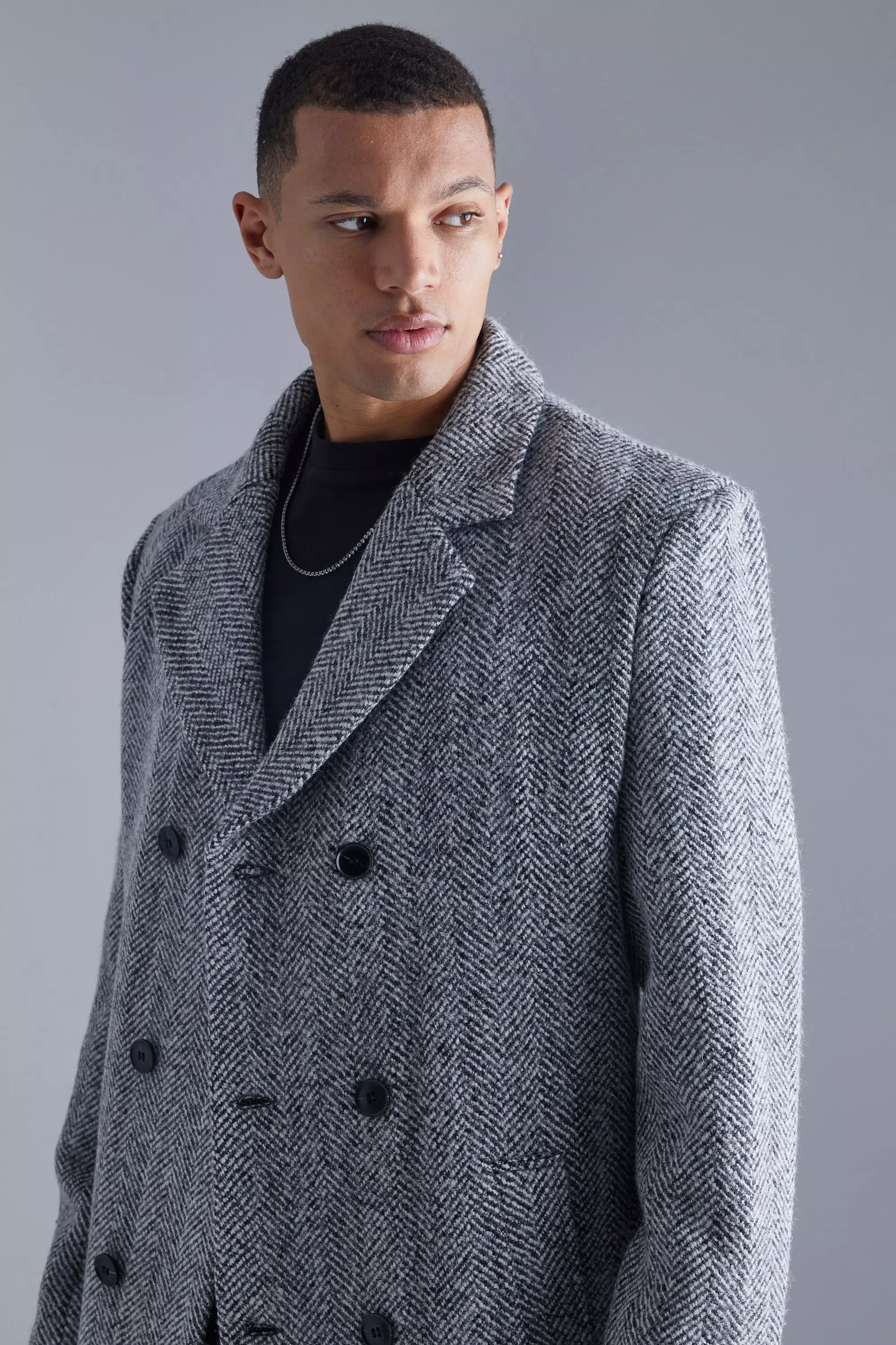 Grey Wool Look Double Breasted Blazer