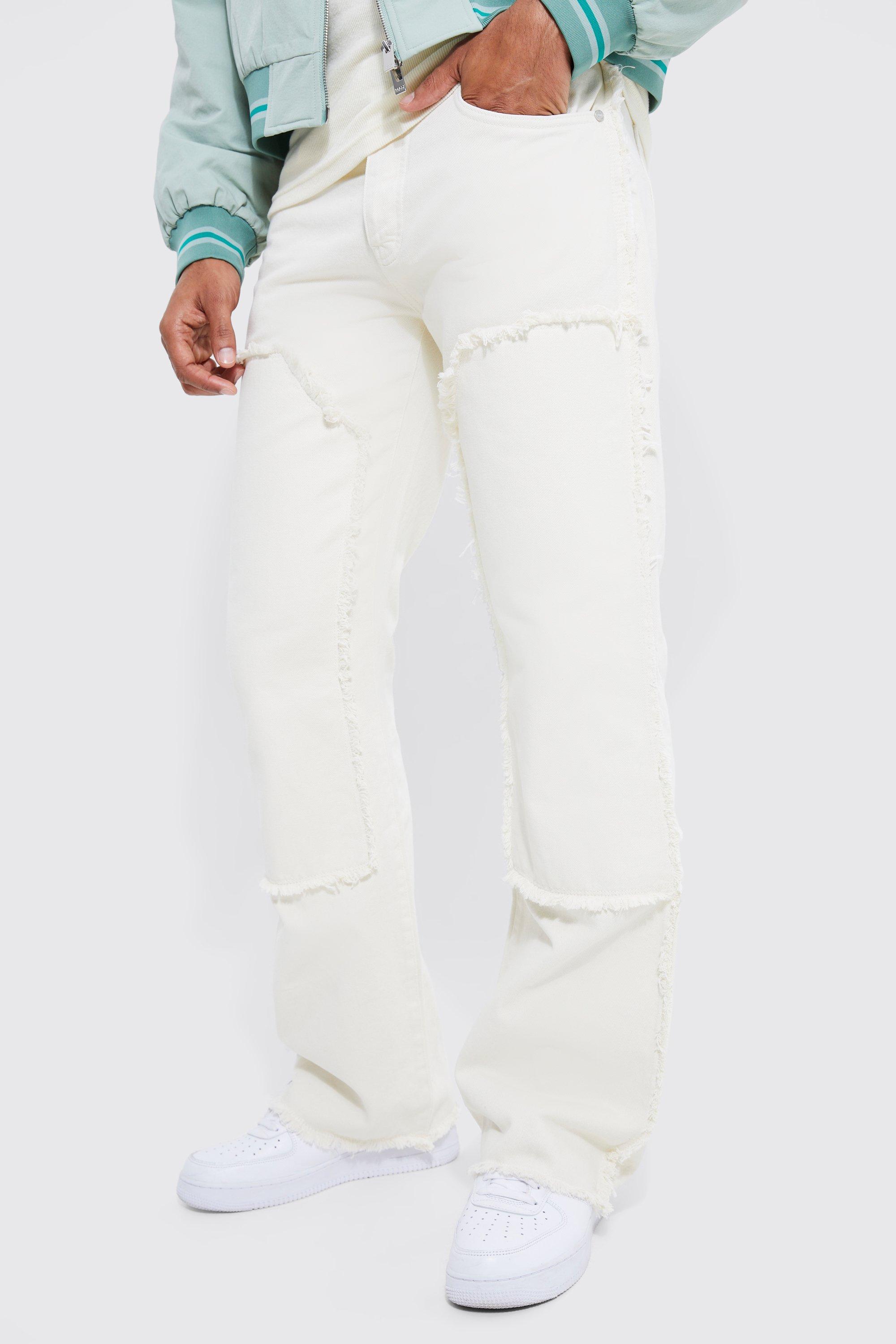 Mens Cream Baggy Rigid Flare Jeans With Frayed Worker Panel, Cream