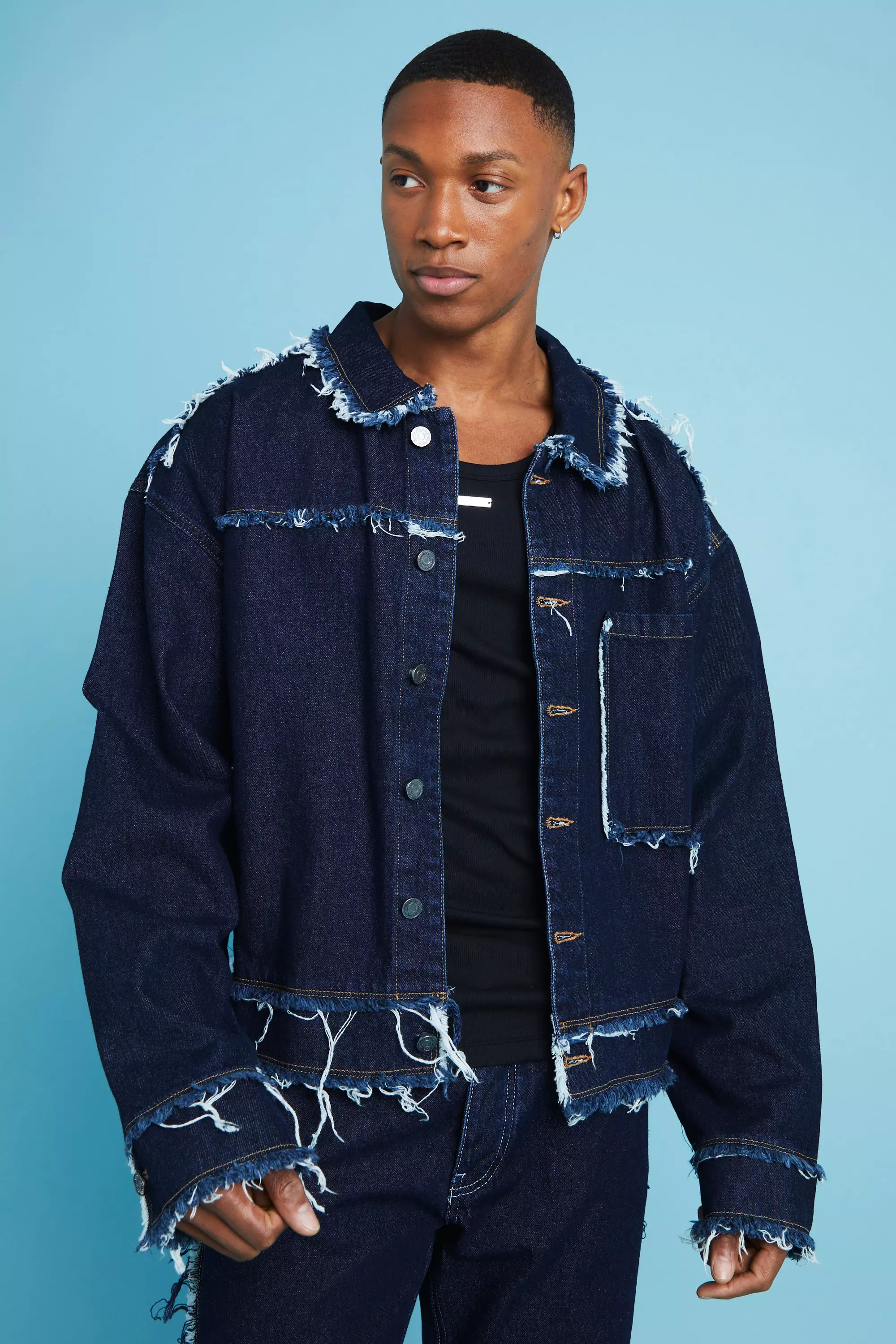 Boxy Fit Frayed Seam Denim Jacket boohooMAN