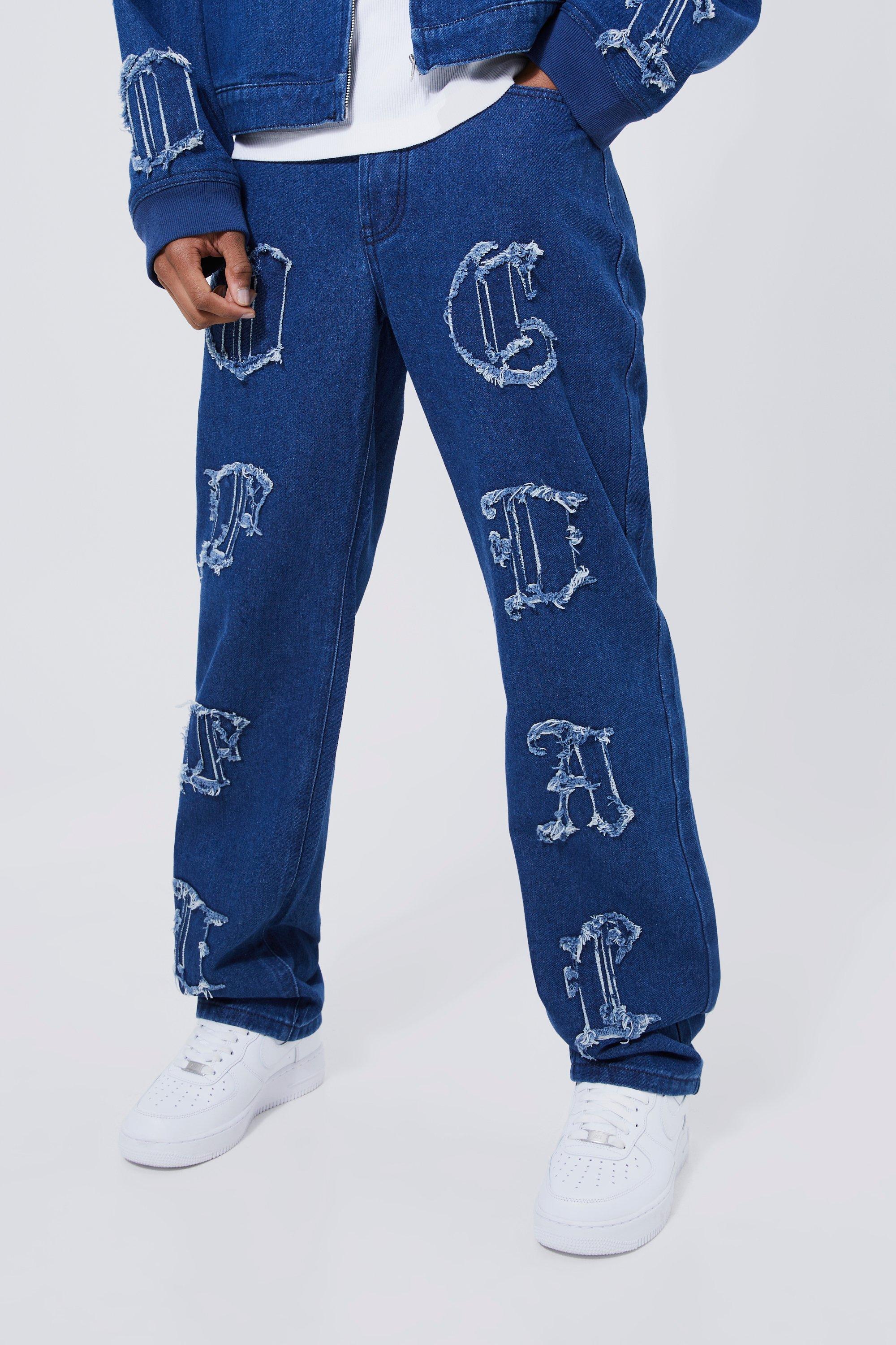 Mens Blue Relaxed Fit Raw Edge Applique Jeans, Blue