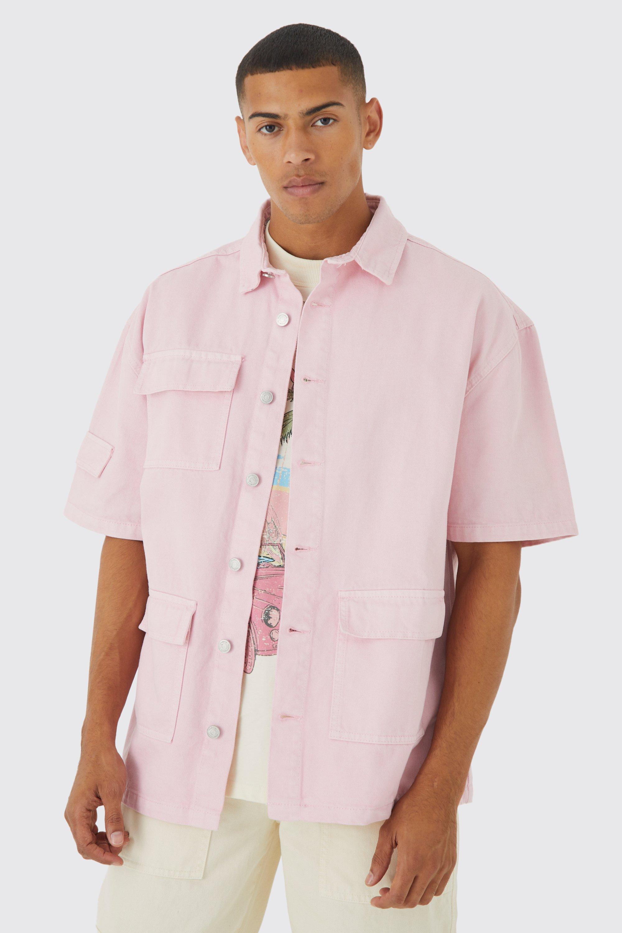 Mens Pink Boxy Fit Overdyed Denim Cargo Shirt, Pink