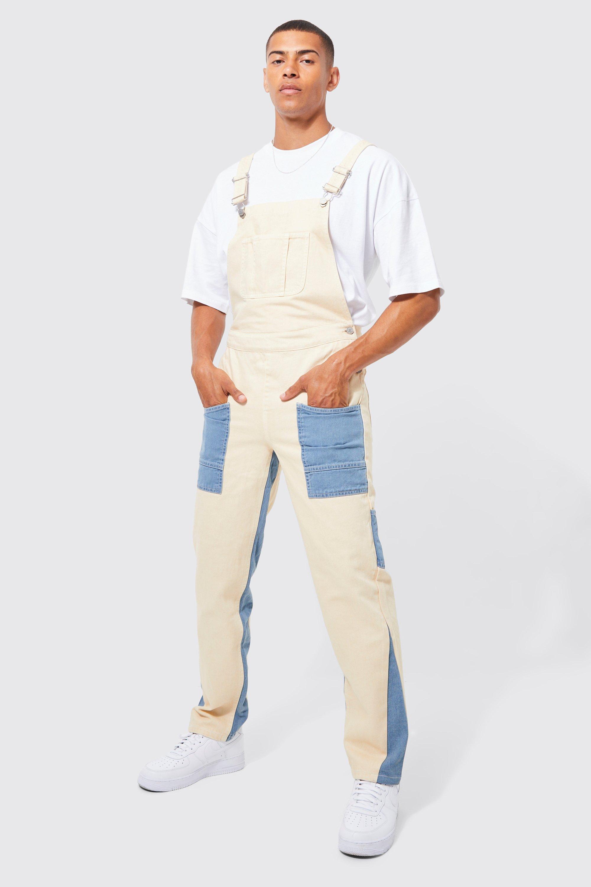 Mens Beige Relaxed Fit Overdye Panel Dungarees, Beige