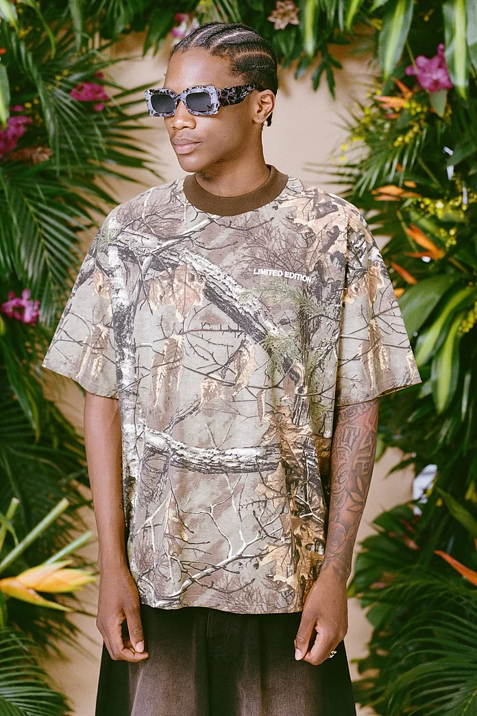 Oversized Extended Neck Camouflage T-shirt | boohooMAN USA