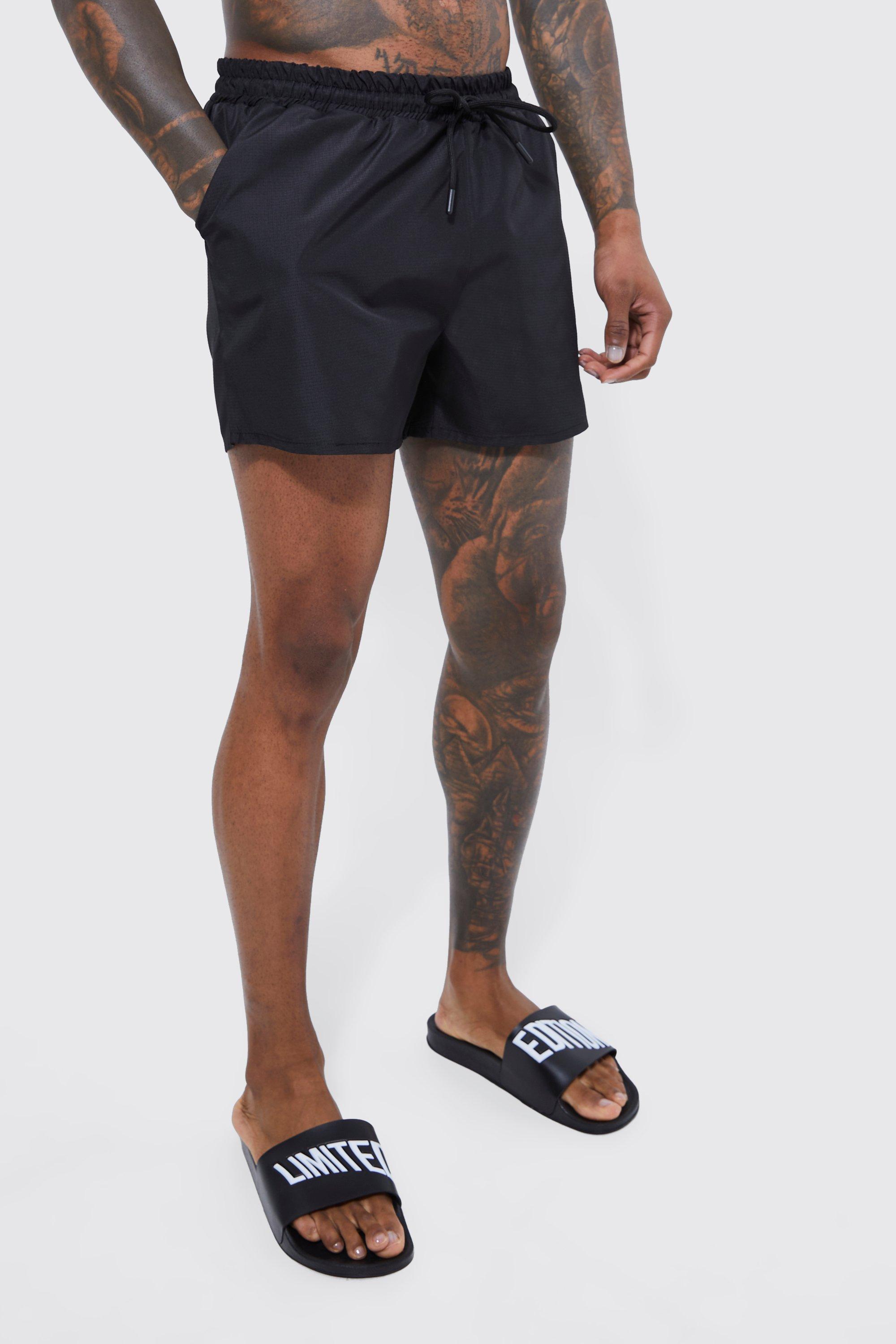 Mens Black Short Length Ripstop Swim Shorts, Black