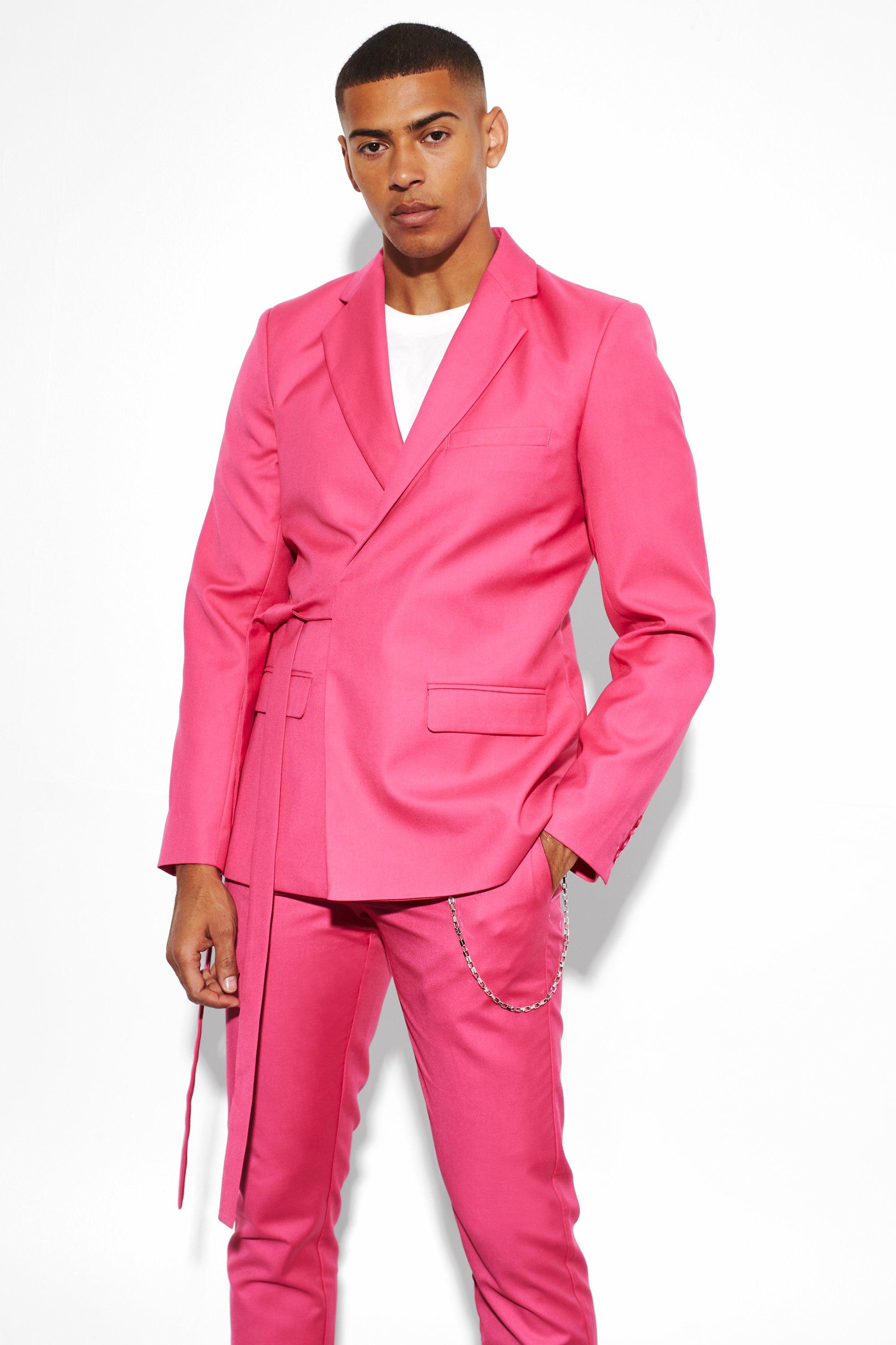 Mens Pink Slim Wrap Panel Suit Jacket, Pink
