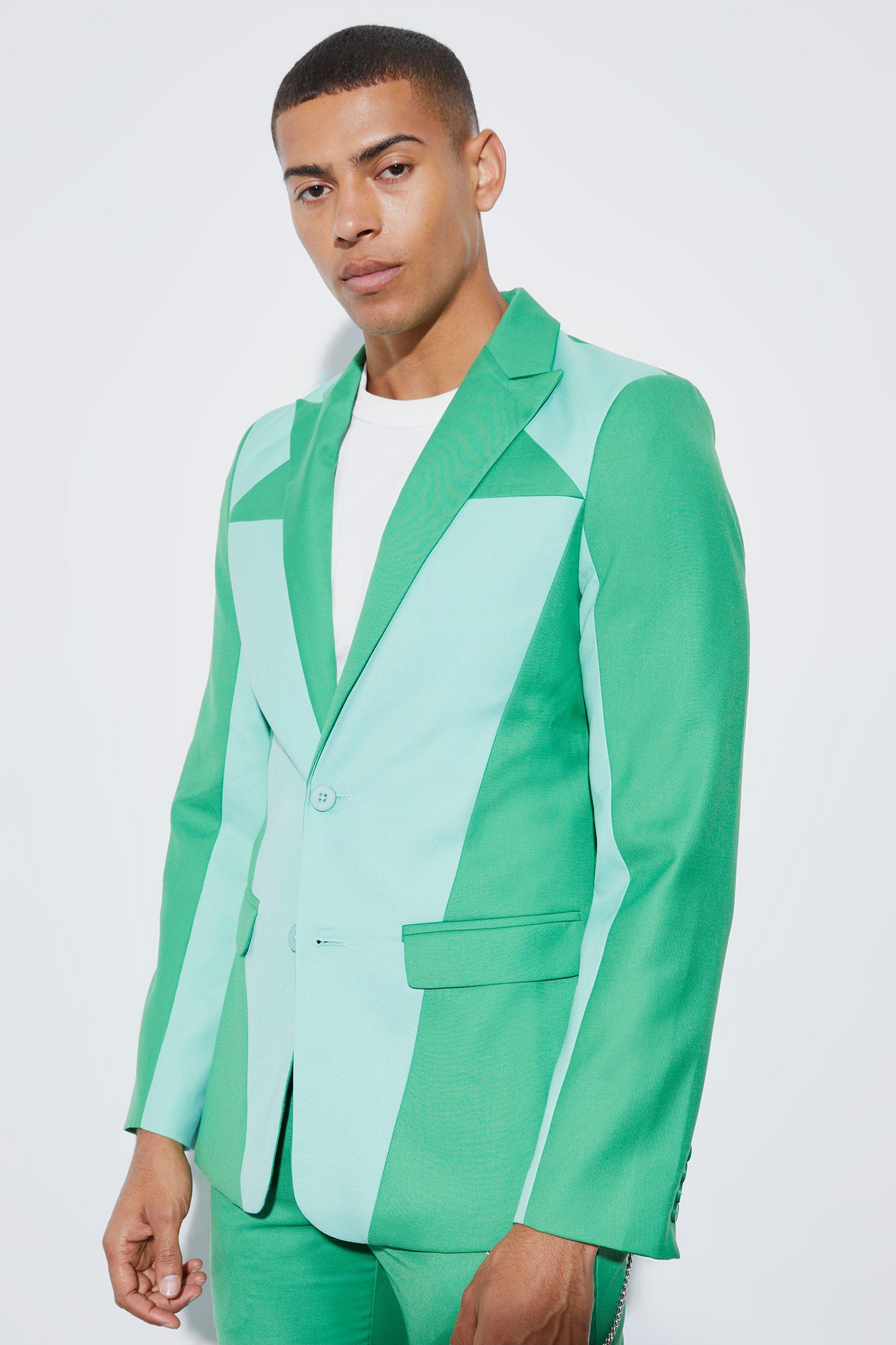 Mens Green Skinny Colourblock Suit Jacket, Green