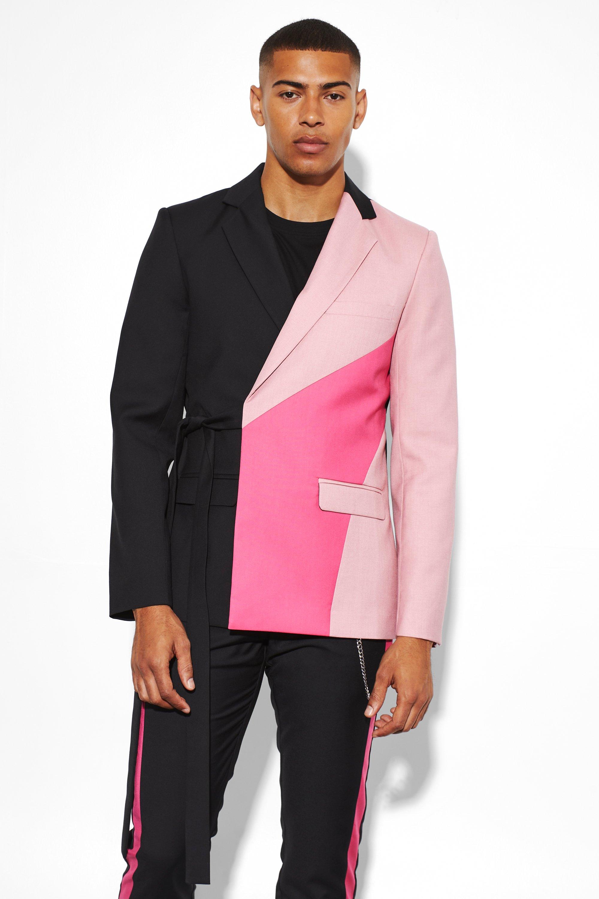 mens pink slim wrap panel suit jacket, pink