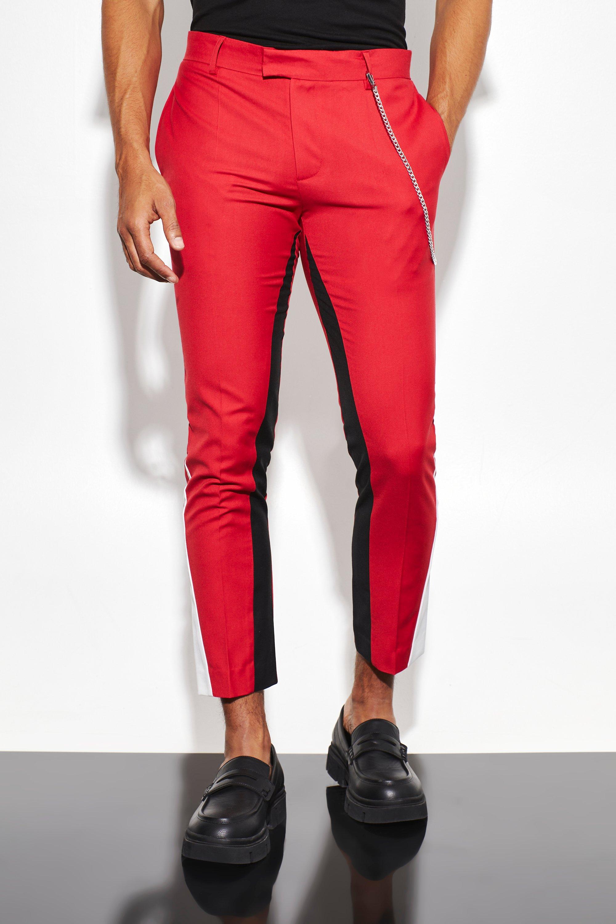 Mens Red Skinny Crop Colourblock Suit Trousers, Red