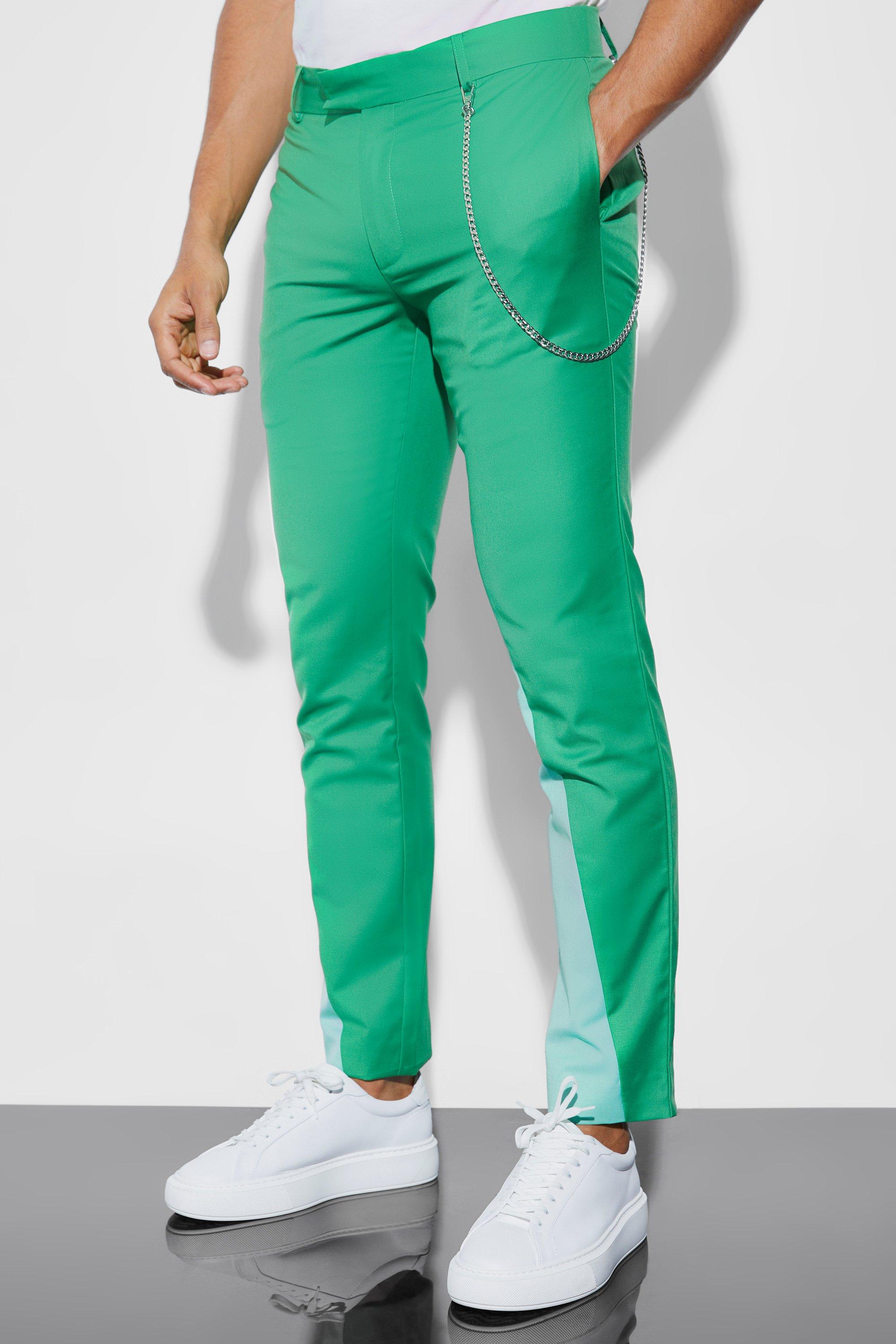 Mens Green Skinny Colourblock Suit Trousers, Green